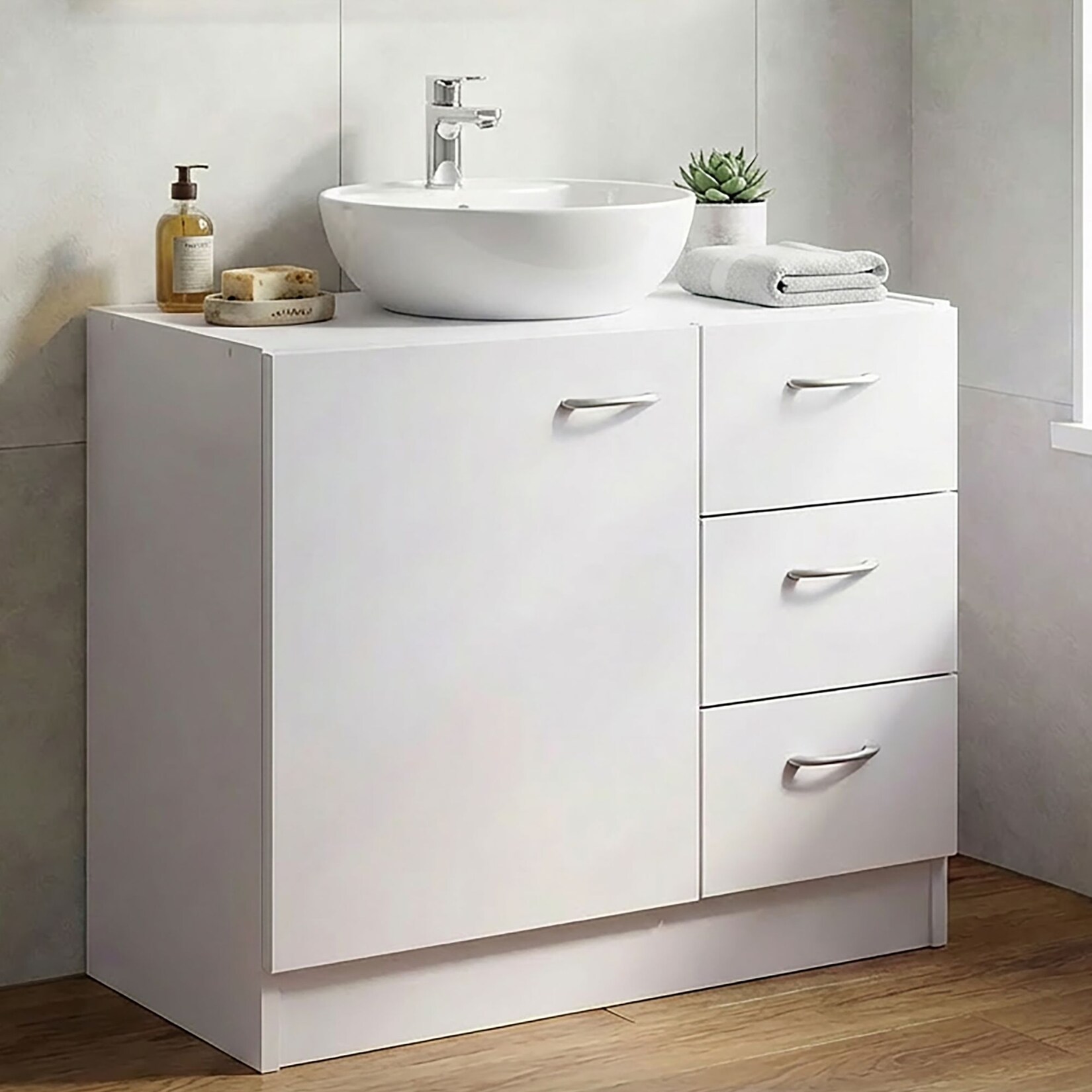 FineBuy Bad Waschbecken Unterschrank 54 x 63 x 30 cm 1 Tür 3 Schubladen weiß