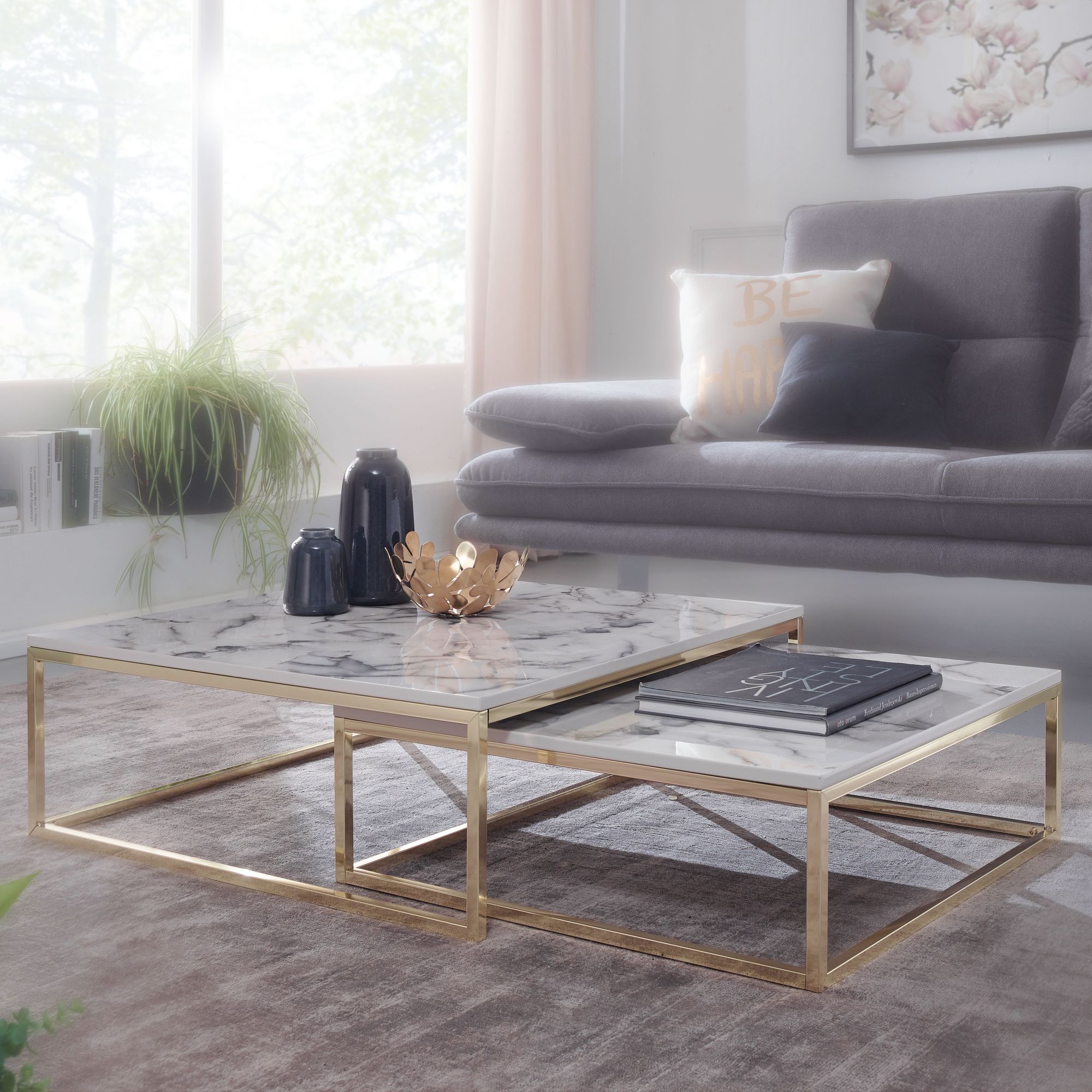 Couchtisch 2er Set FineBuy Satztisch Wei&szlig; Marmor Optik Modern Metallgestell - Bild 1