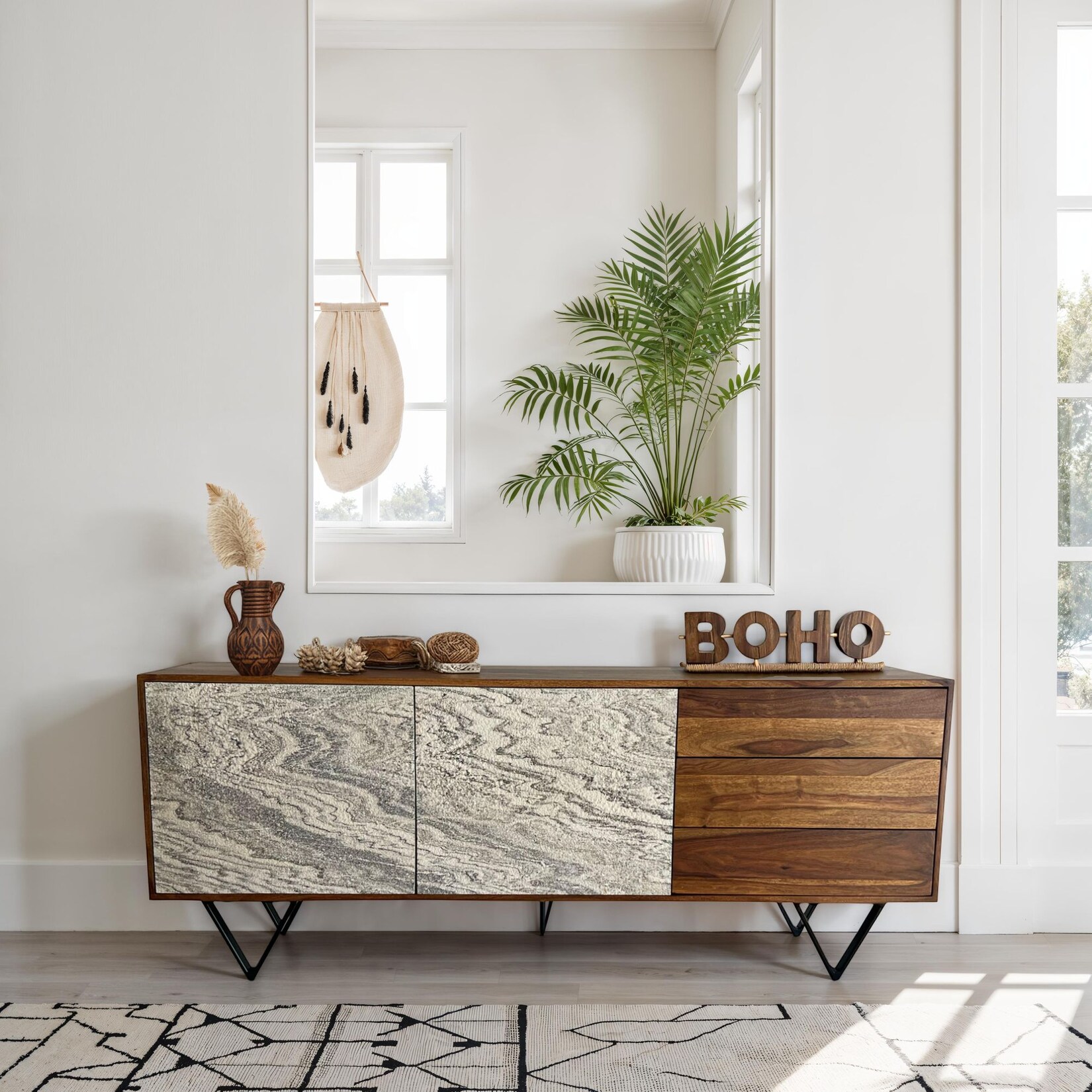 Sideboard FineBuy 175 cm Anrichte Massivholz Steinoptik Kommode Türen Schubladen | 04251757730764