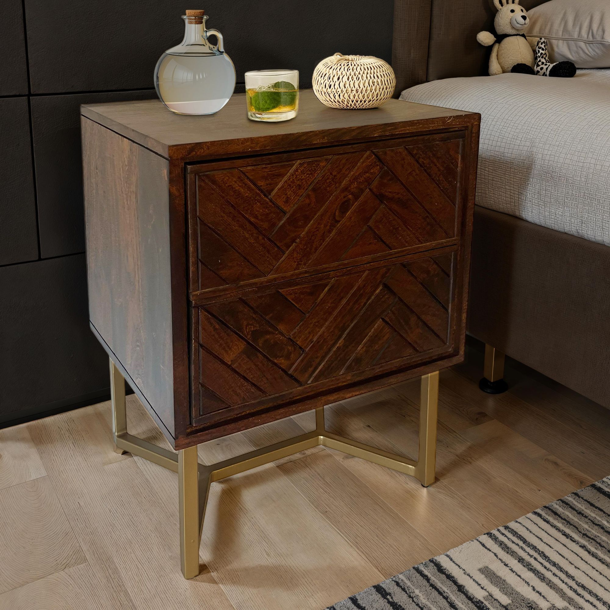 Nachttisch Akazie Massivholz 2 Schubladen Nachtkommode Nachtk&auml;stchen Boxspring - Bild 1