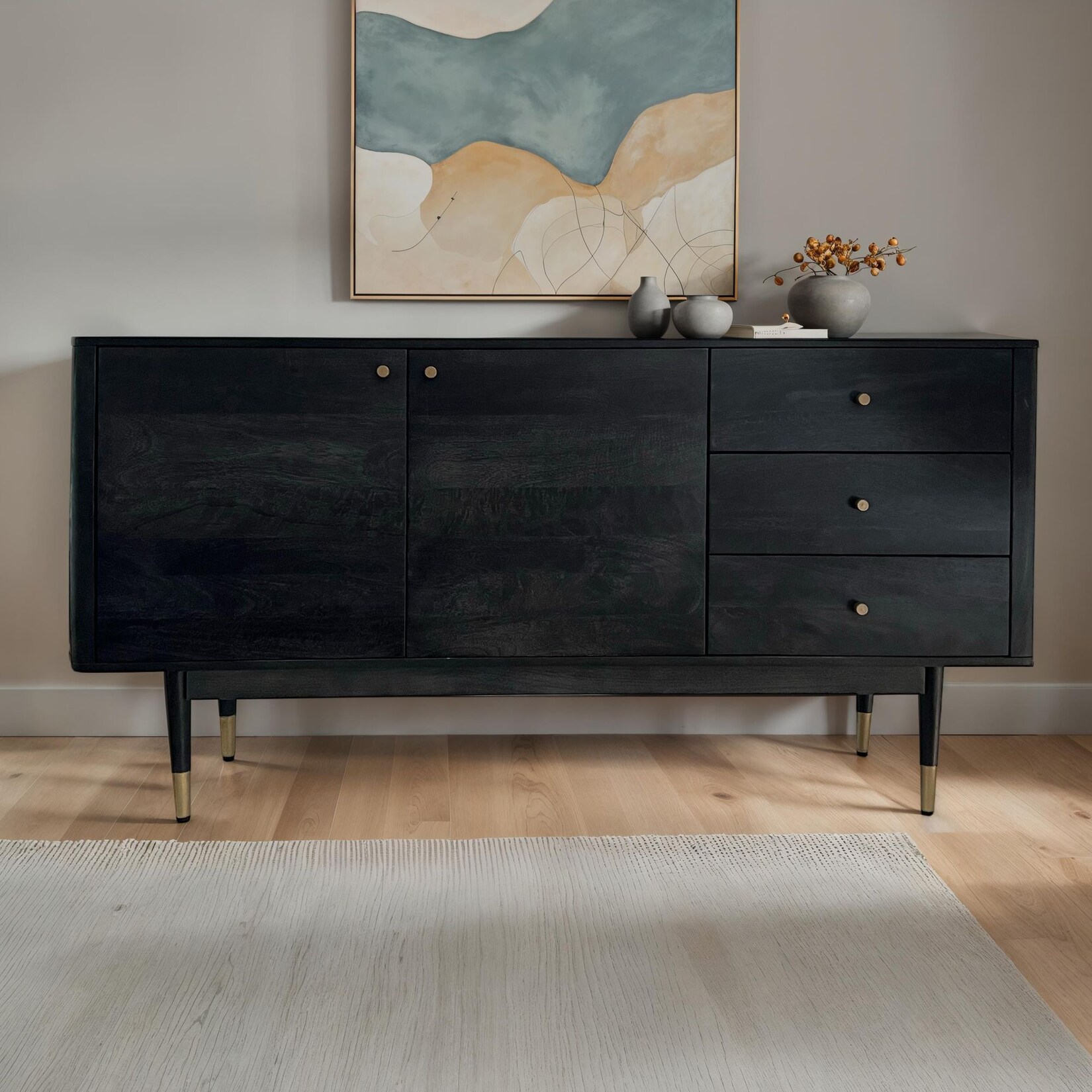 Sideboard FineBuy Anrichte 160 cm Massivholz Schwarz Kommode Türen Schubladen | 04251757730801