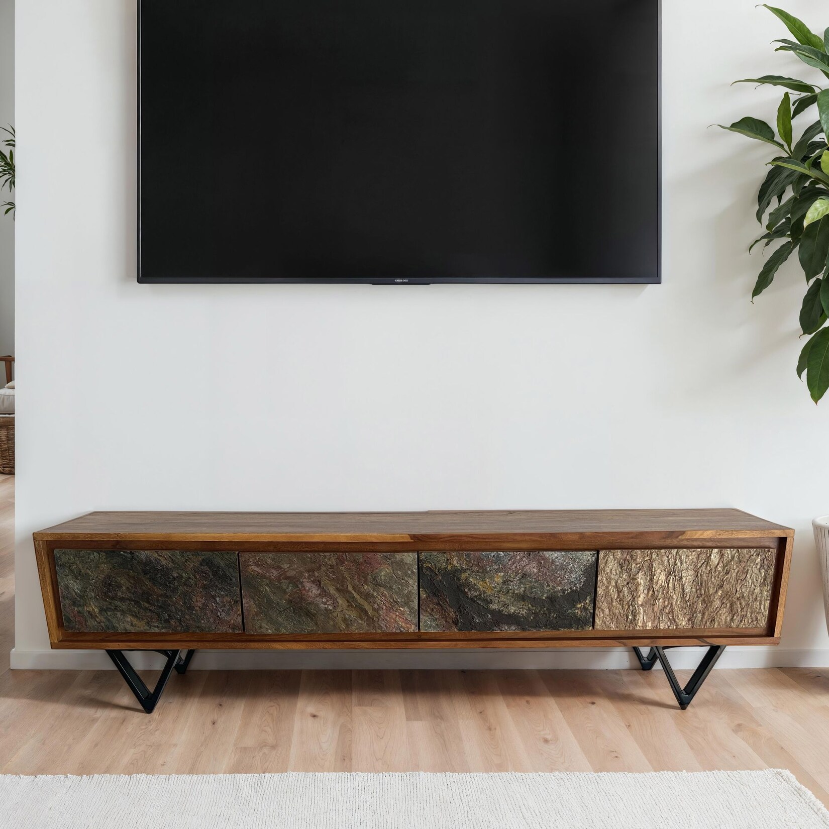 Lowboard FineBuy Sheesham Massivholz 160 cm TV Board Stein Optik Industrial | 04251757731440