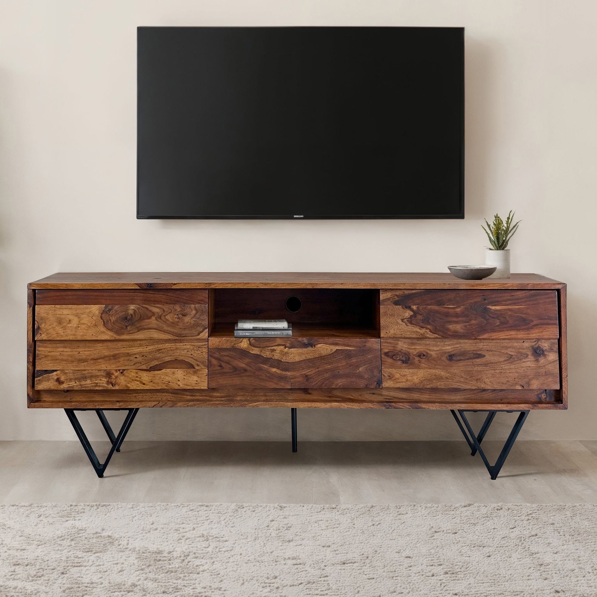 TV Lowboard FineBuy Sheesham Massivholz 160 cm T&uuml;ren Schublade Fach Metallf&uuml;&szlig;e - Bild 1