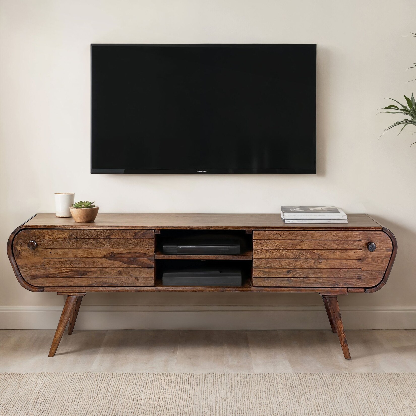 Lowboard FineBuy TV Board Sheesham Massivholz 160 cm Retro Schubladen Fächer | 04251757731655