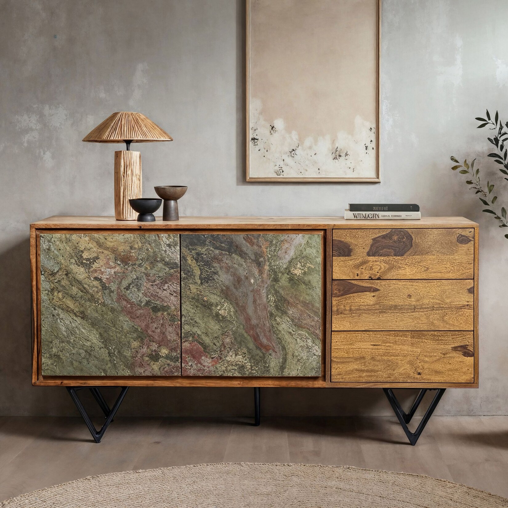 Sideboard FineBuy Kommode Sheesham Massivholz 150 cm Türen Steinoptik Schubladen | 04251757731709