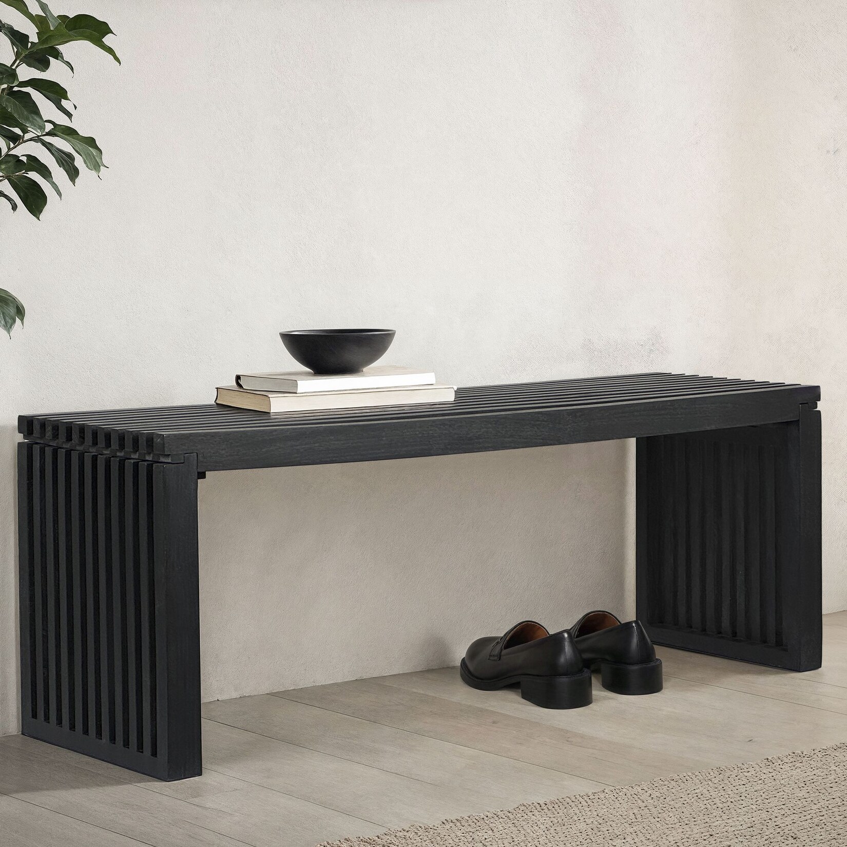 Sitzbank FineBuy Garderobenbank Akazie Massivholz 120 cm Schwarz Flurbank Klein