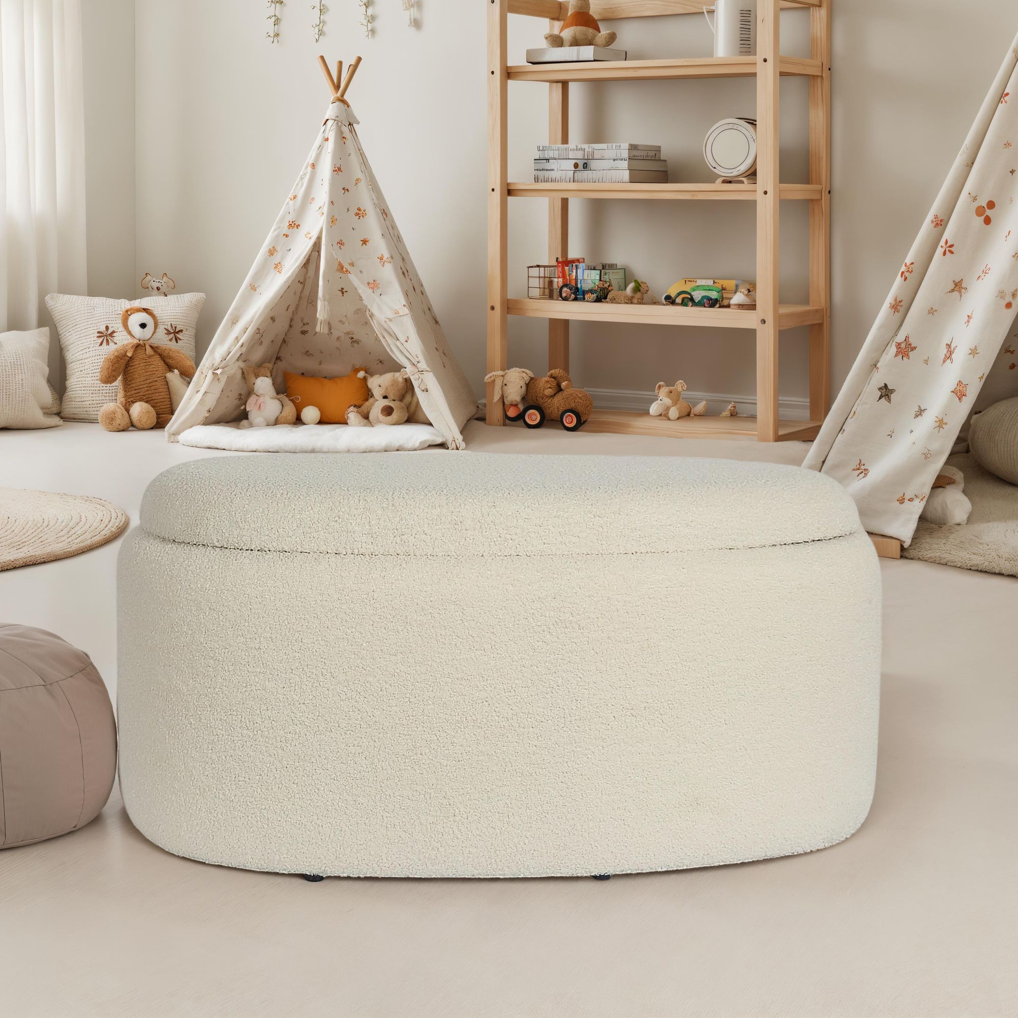 Sitzhocker FineBuy Polsterhocker Stoff mit Stauraum oval 81 cm Creme modern - Bild 1