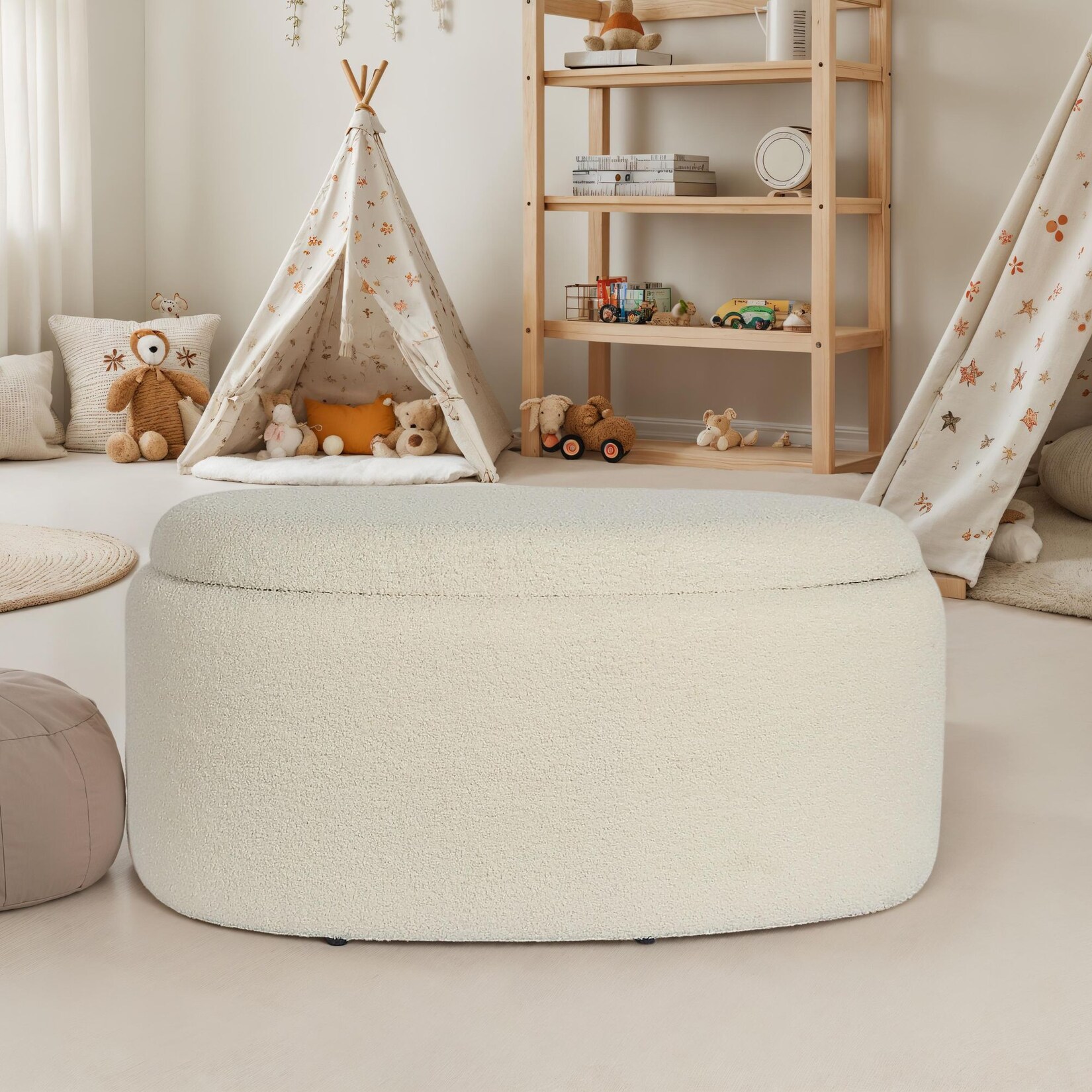 Sitzhocker FineBuy Polsterhocker Stoff mit Stauraum oval 81 cm Creme modern | 04251757731761