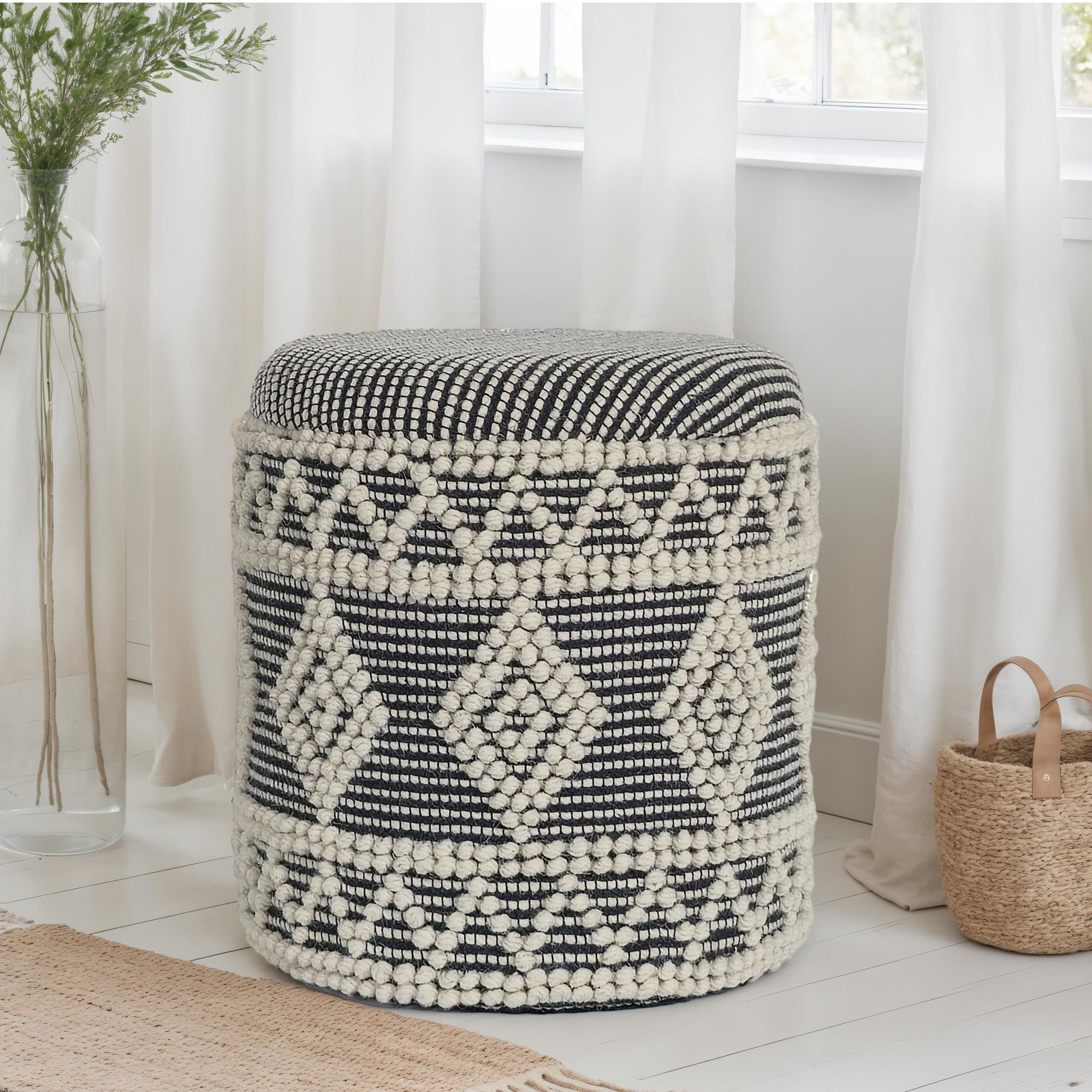Sitzhocker FineBuy Polsterhocker Wolle Rund Grau 40 cm Boho Hocker mit Stauraum - Bild 1