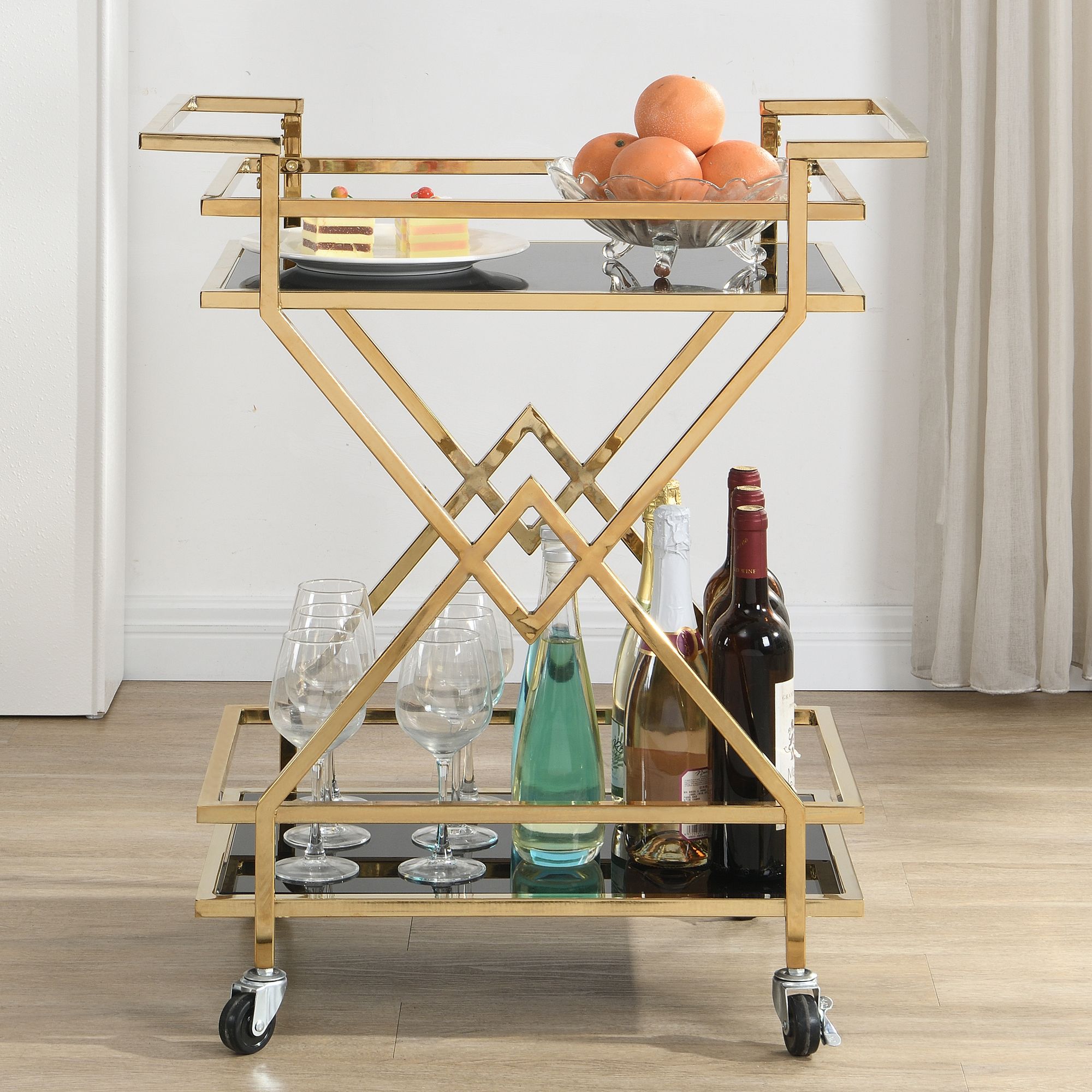 Servierwagen FineBuy Moderner Barwagen mit Rollen Gold Glas Metall 65x80x40 cm - Bild 1
