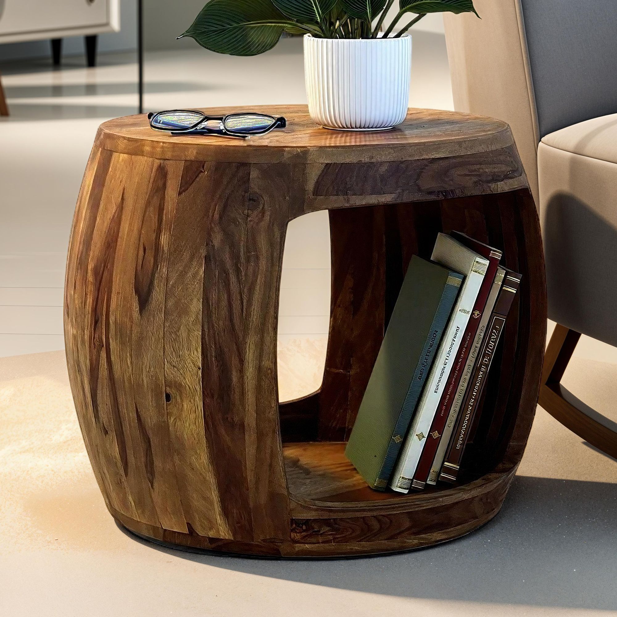 Beistelltisch &Oslash; 50cm Sheesham Massivholz rund Ablage Couchtisch Wohnzimmertisch - Bild 1