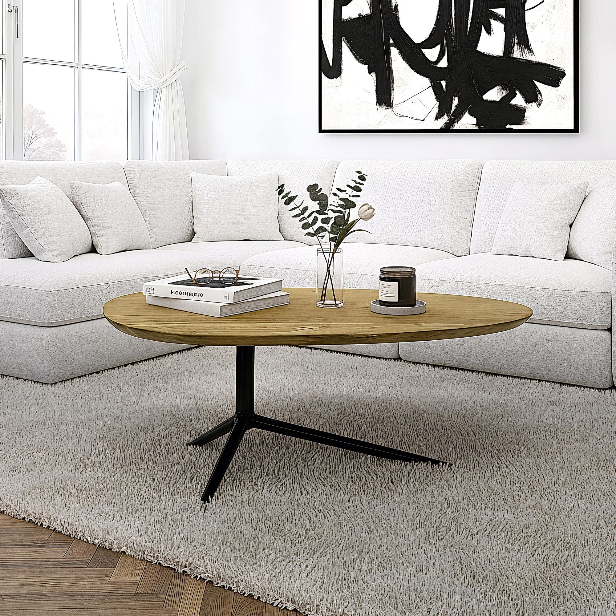 Design Couchtisch Akazie Massivholz 87cm oval Wohnzimmertisch Metallgestell - Bild 1