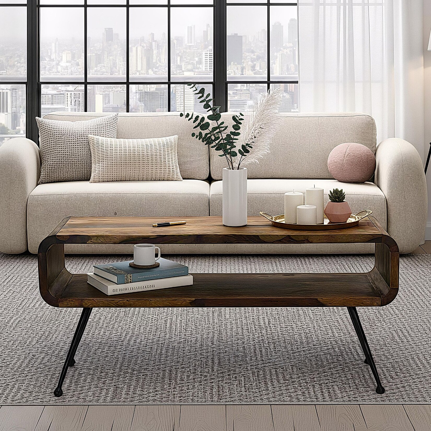 Couchtisch Sheesham Massiv Metallbeinen 100cm Industrial Retro Wohnzimmertisch | 04251757732454