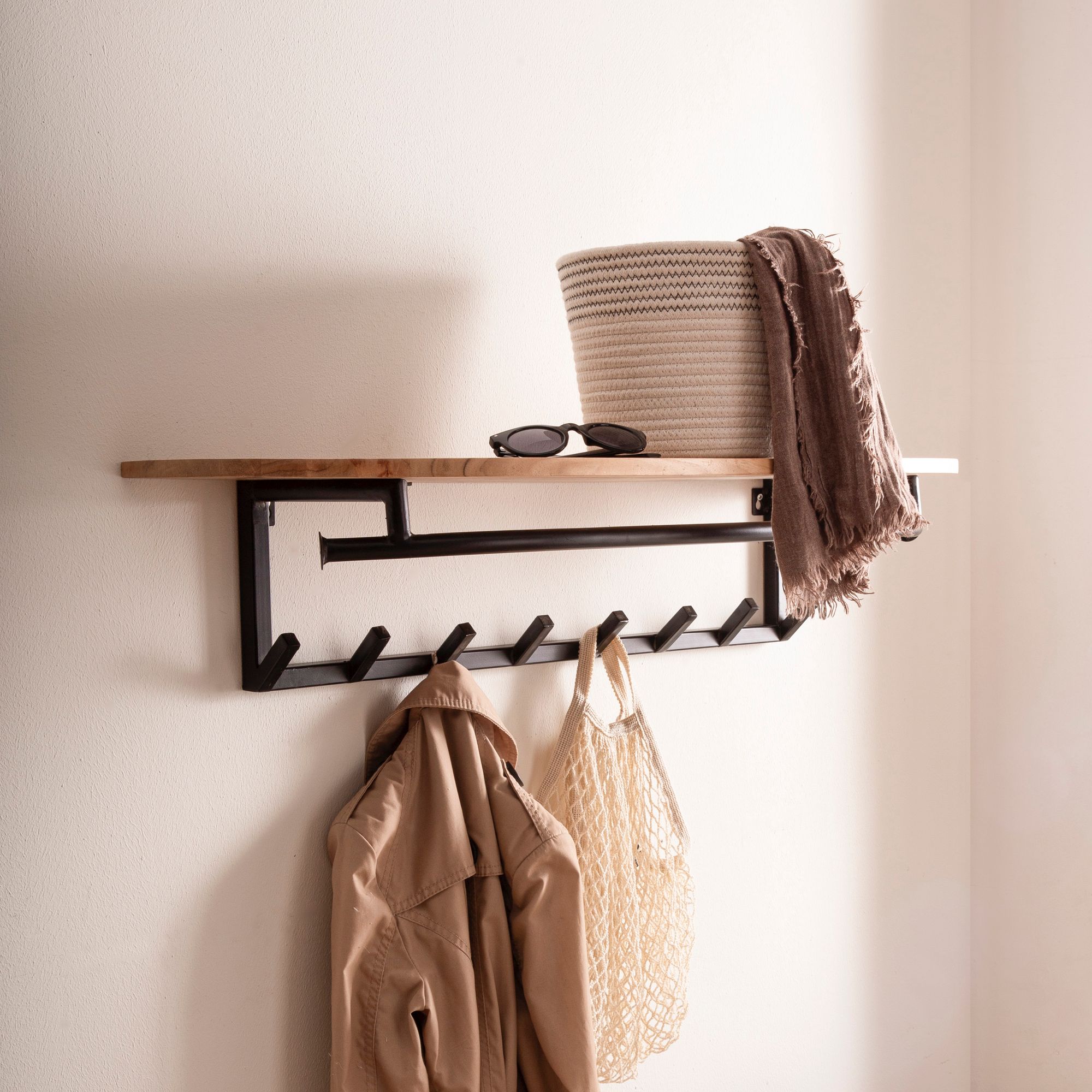 Wandgarderobe Akazie Massivholz 100cm Metall Garderobe mit Ablage Industrial - Bild 1