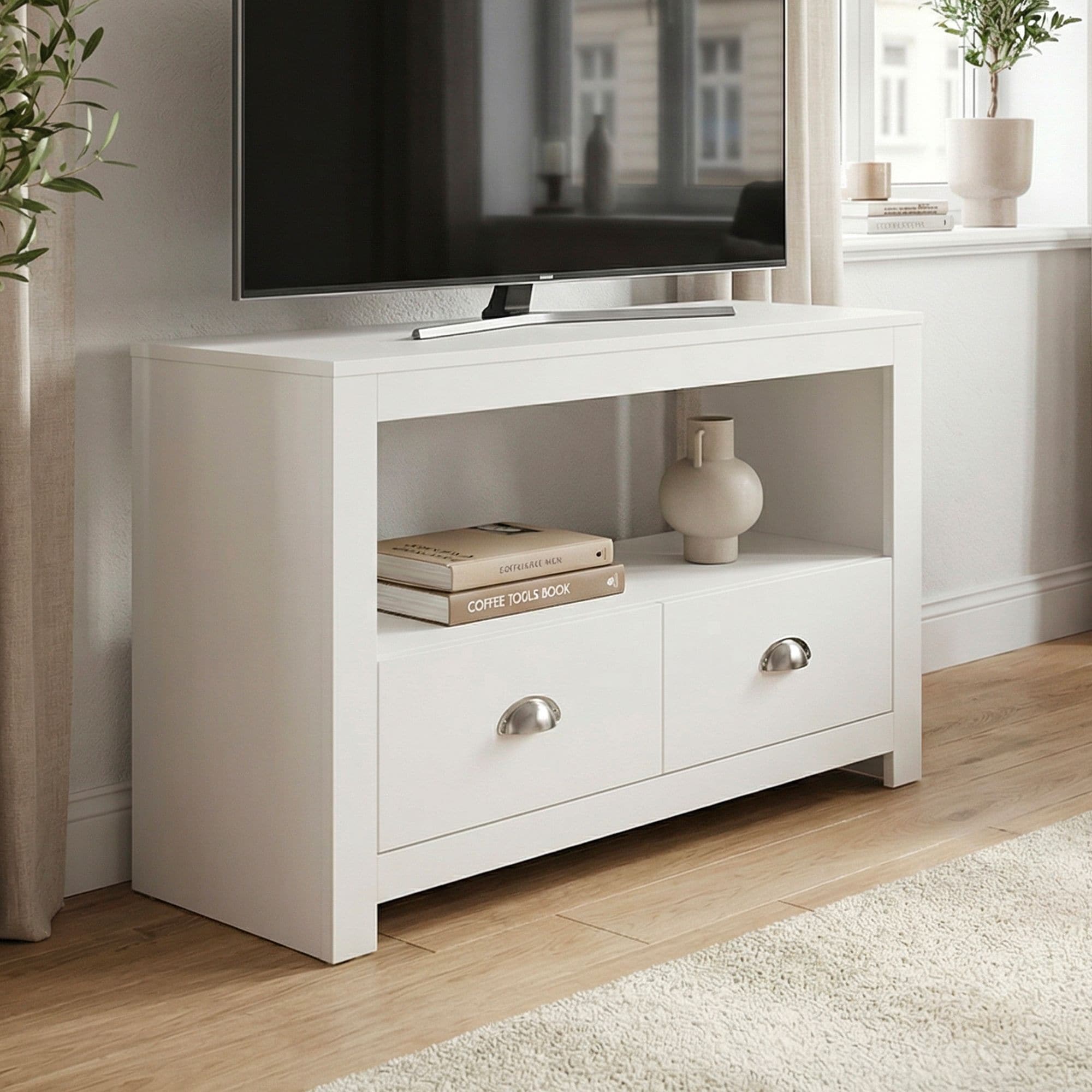 Lowboard Wei&szlig; 85cm TV Board Schubladen Fernsehunterschrank Fernsehschrank Modern - Bild 1