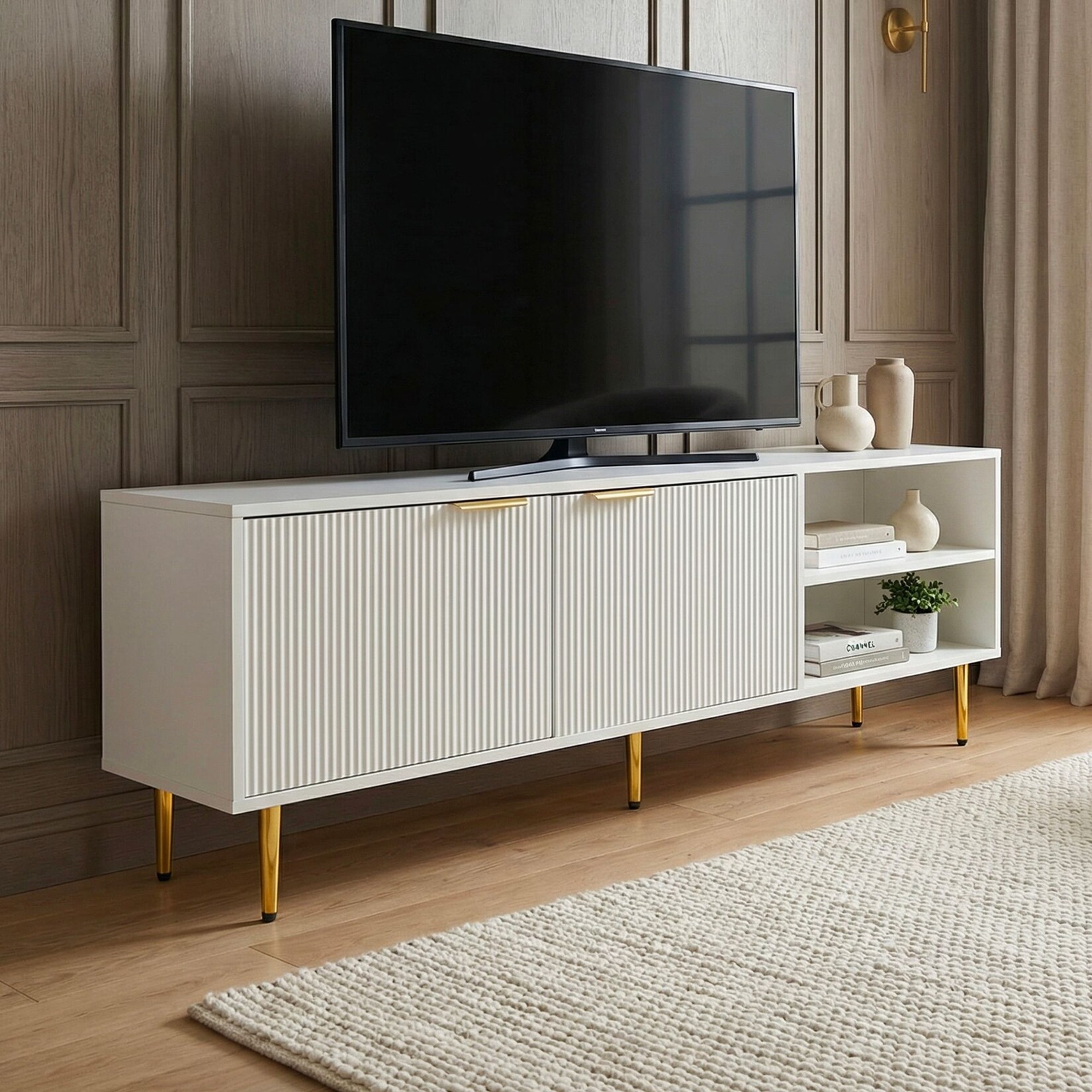 Lowboard 150cm TV Kommode Schrank Weiß Türen Fernsehkommode Fernsehunterschrank