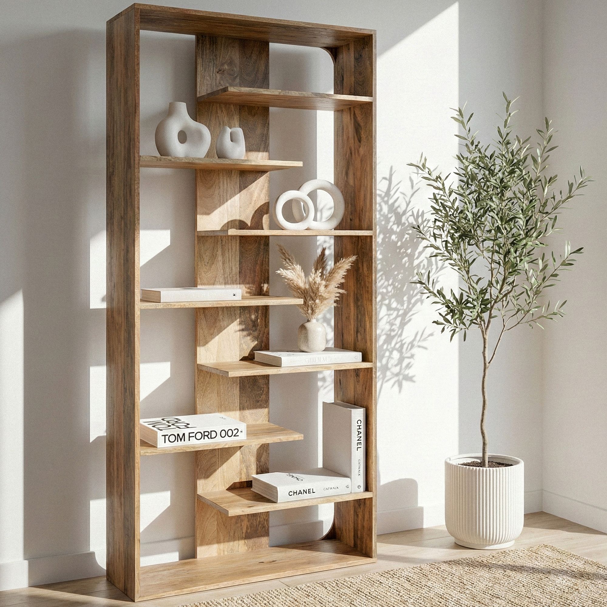 B&uuml;cherregal Massivholz Stauraumregal 200cm Wohnregal modern hoch Standregal - Bild 1