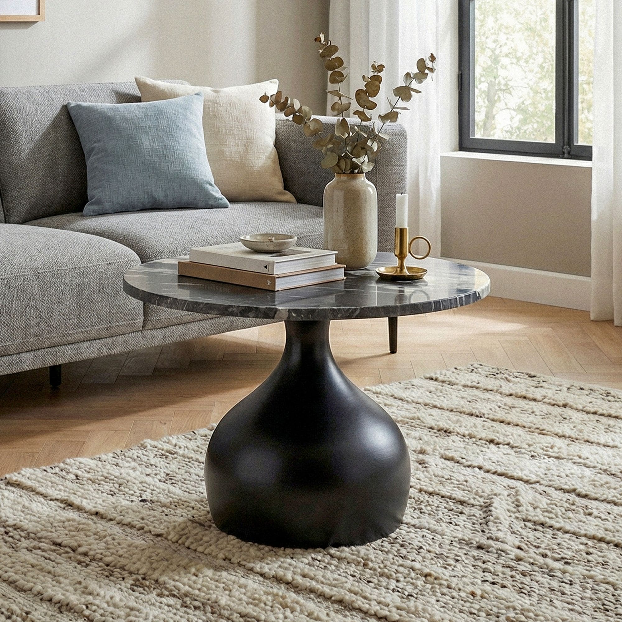 Couchtisch mit Marmor Platte schwarz Wohnzimmertisch Sofatisch Metall rund 60cm - Bild 1