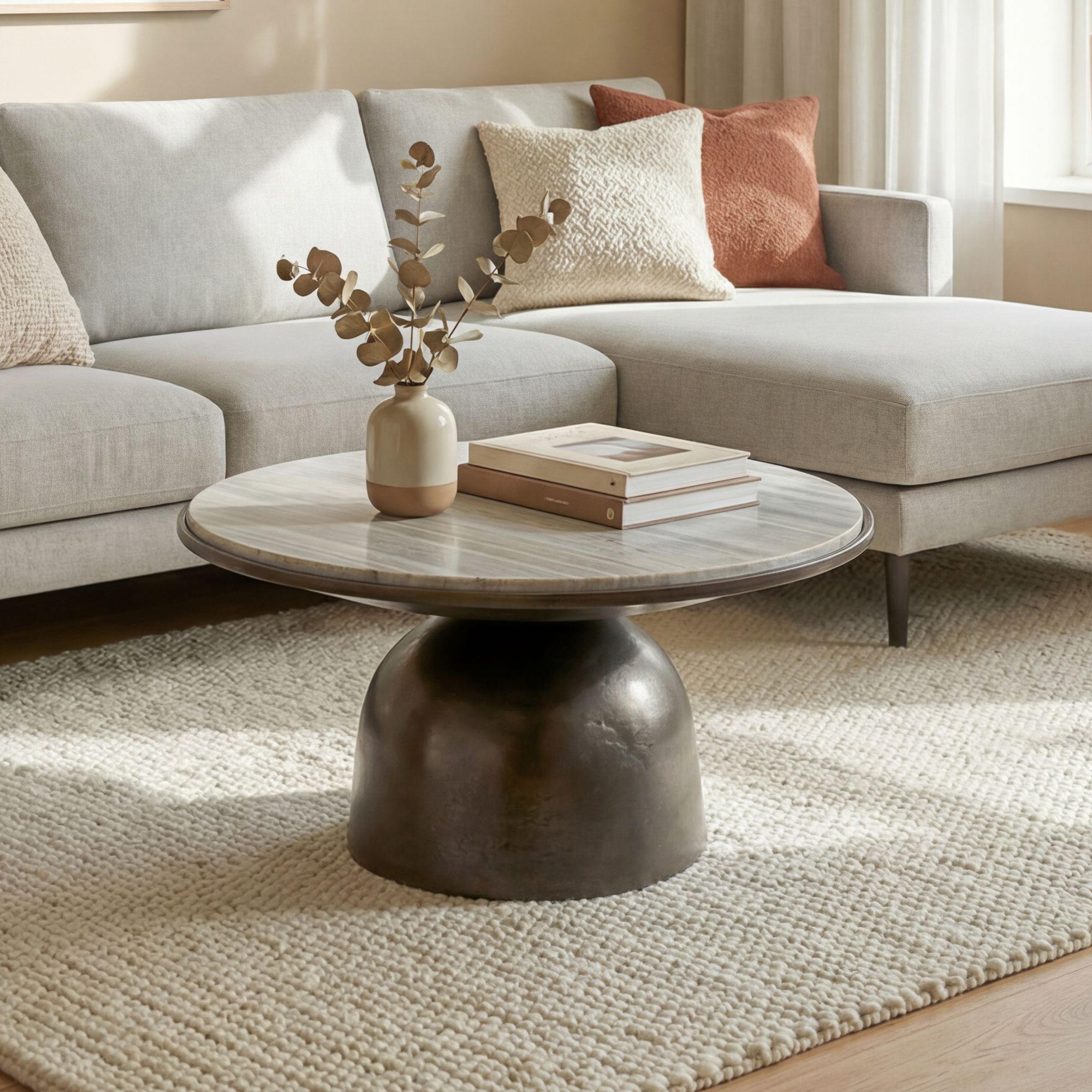 Couchtisch mit Marmor Platte wei&szlig; Wohnzimmertisch Sofatisch Metall rund 60cm - Bild 1