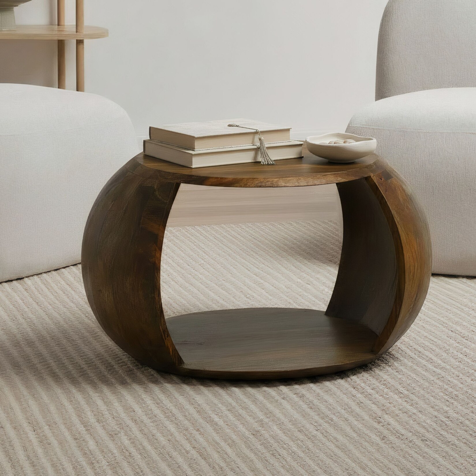 Couchtisch Mango Massivholz rund 60 cm Wohnzimmertisch Ablagefach Landhaus