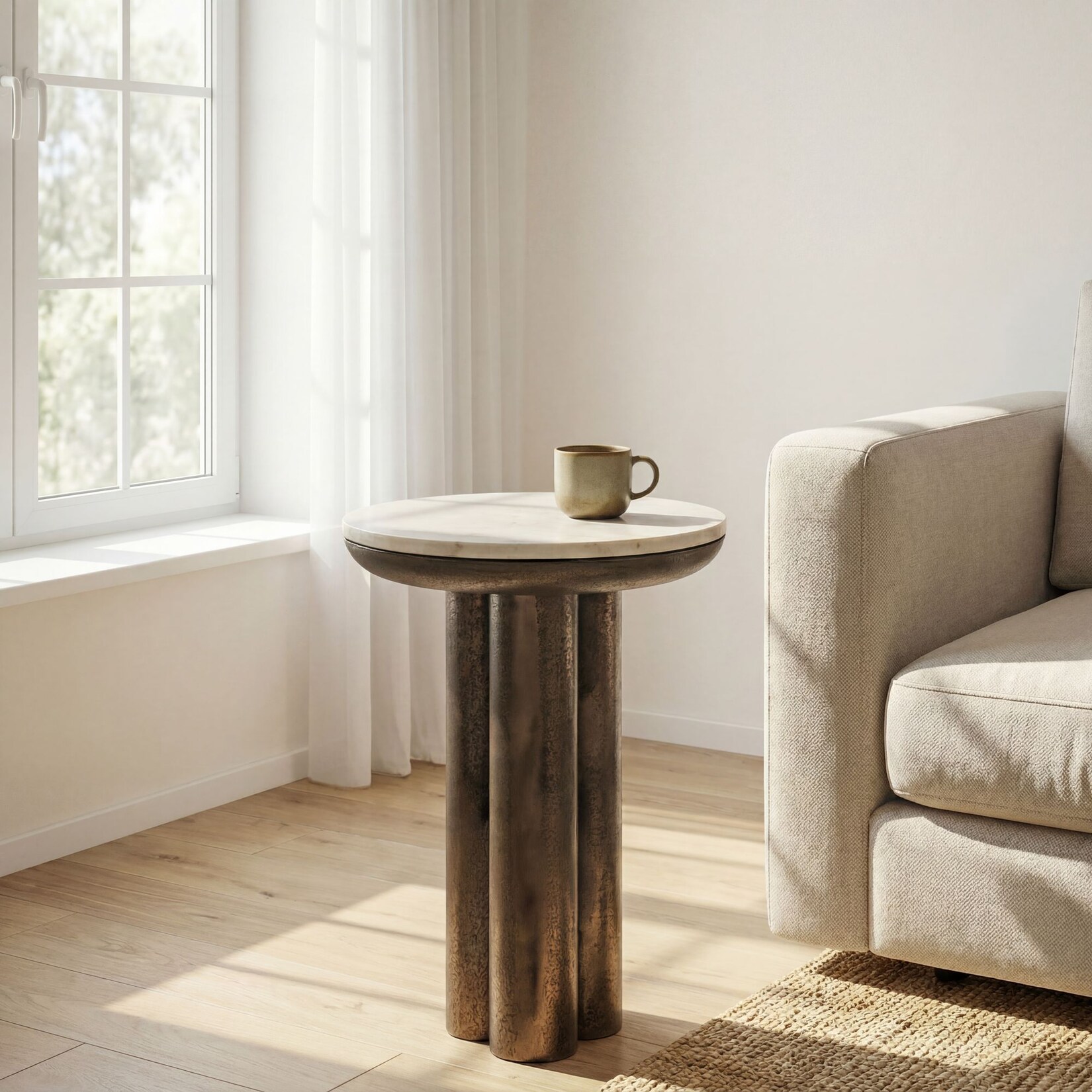 Beistelltisch 36cm mit Marmor Platte weiß Wohnzimmertisch Couchtisch Metall Rund