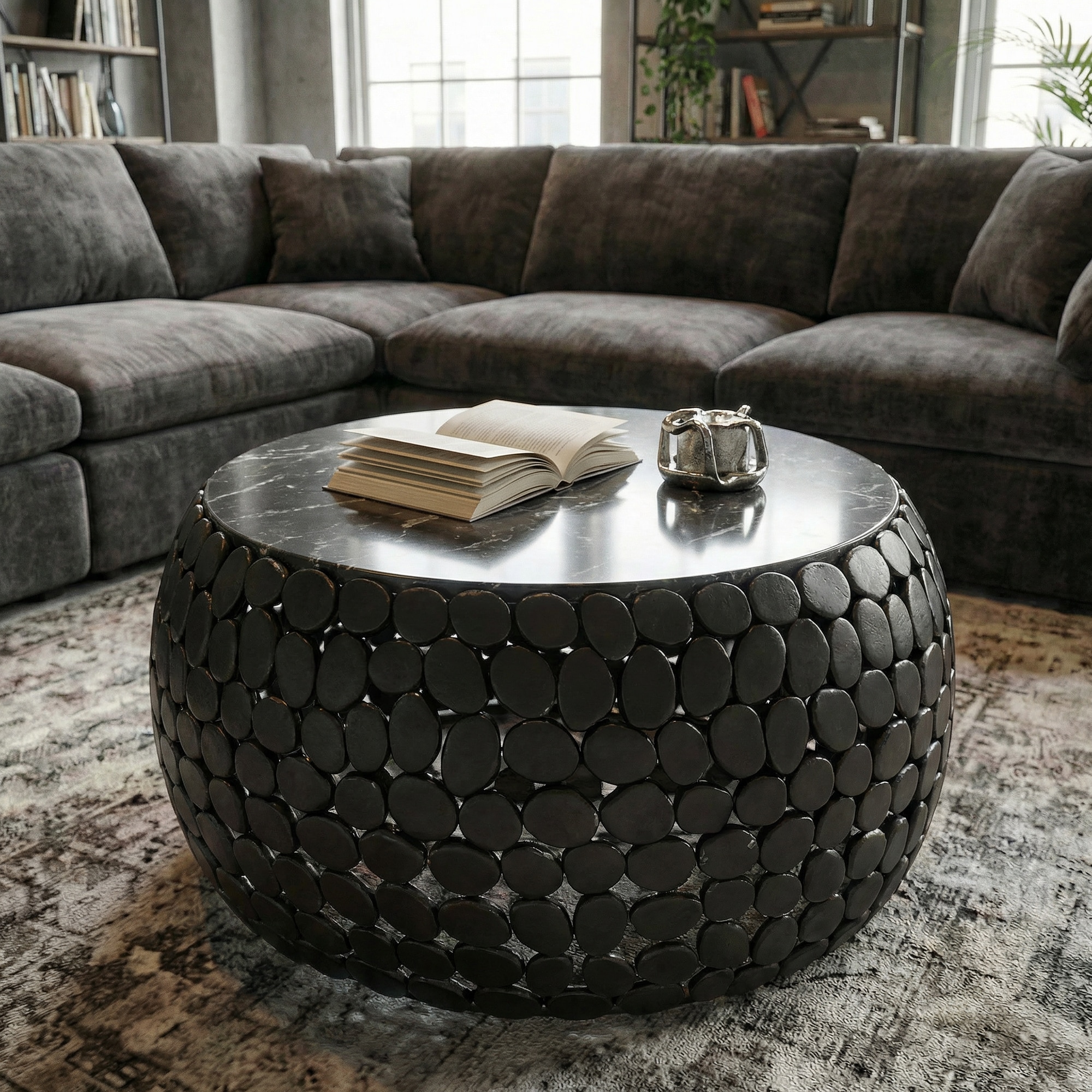 Couchtisch rund 65cm Sofatisch Aluminium schwarz Metall Marmor Wohnzimmertisch - Bild 1