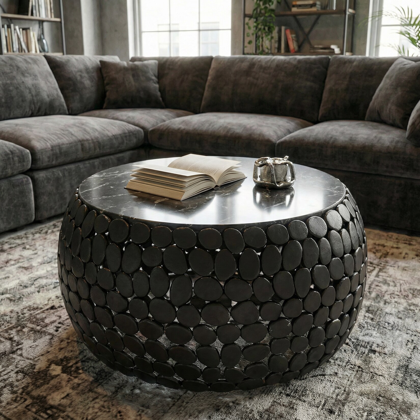 Couchtisch rund 65cm Sofatisch Aluminium schwarz Metall Marmor Wohnzimmertisch