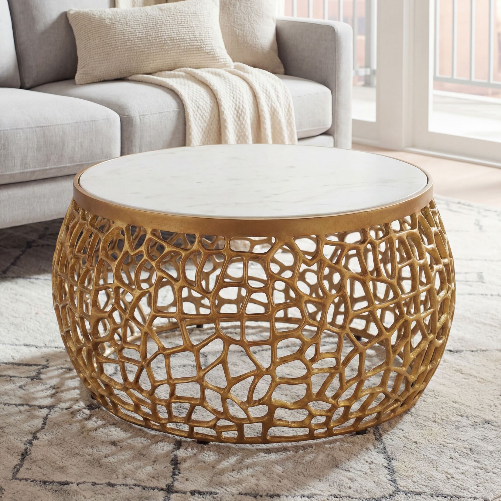 Design Metall Couchtisch mit Marmor Platte weiß Wohnzimmertisch Gold rund 60cm