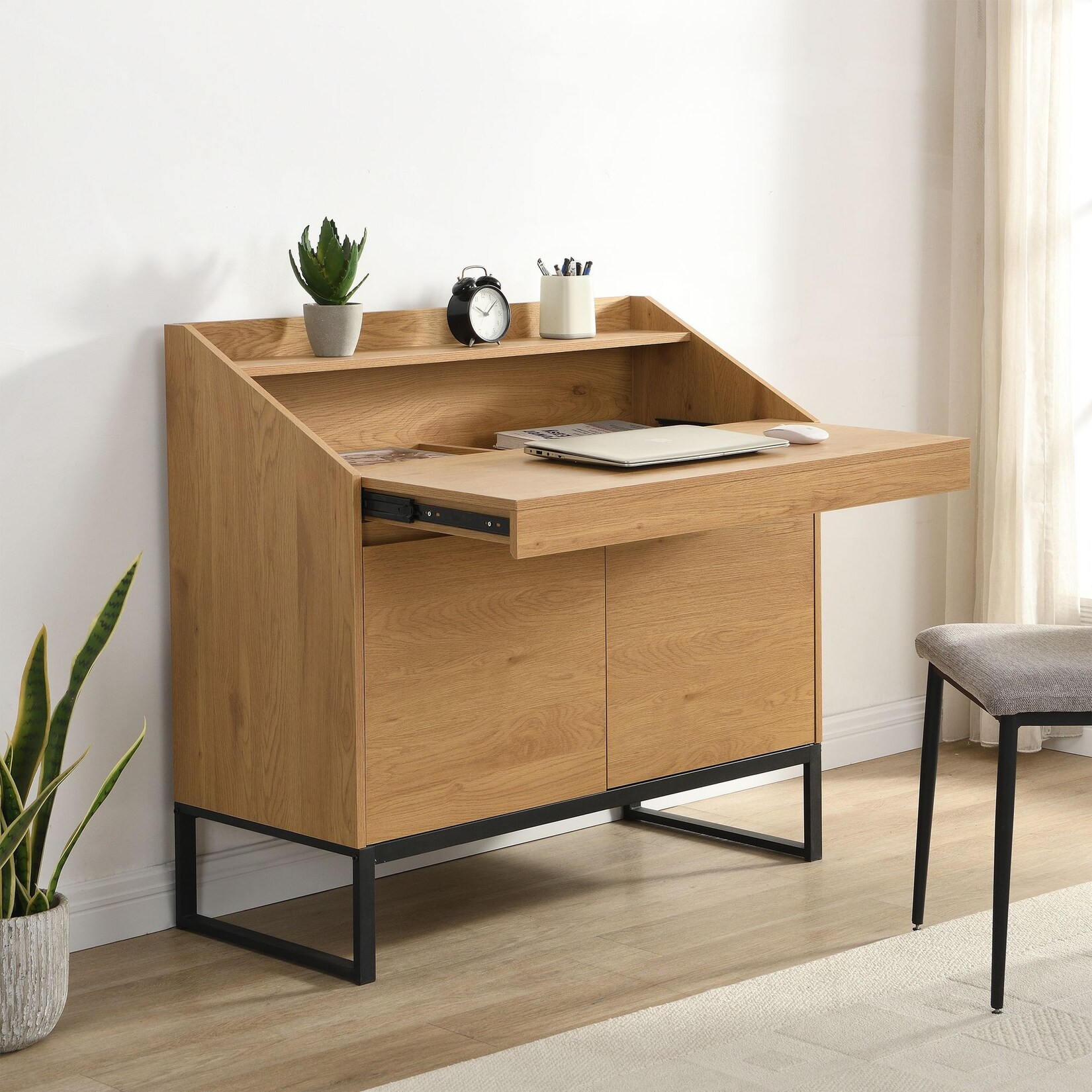 Sekretär MDF 100cm Eiche Dekor Kompakt Schreibtisch mit Stauraum Home Office