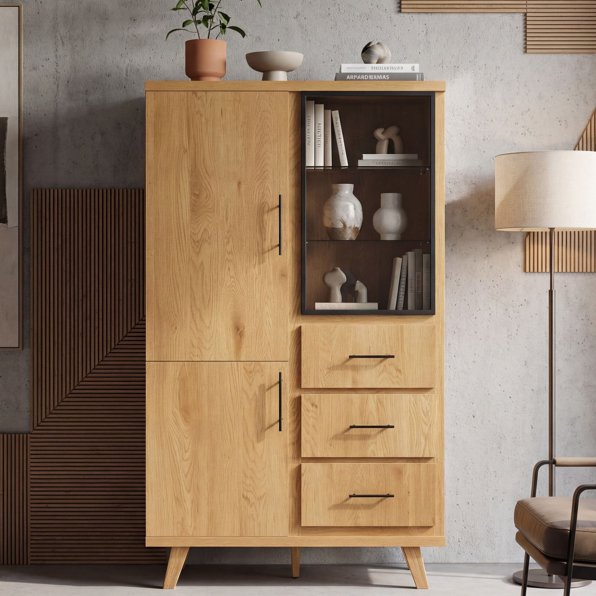 Hochschrank 188cm Eiche Dekor Standschrank mit T&uuml;ren Schubladen Mehrzweckschrank - Bild 1
