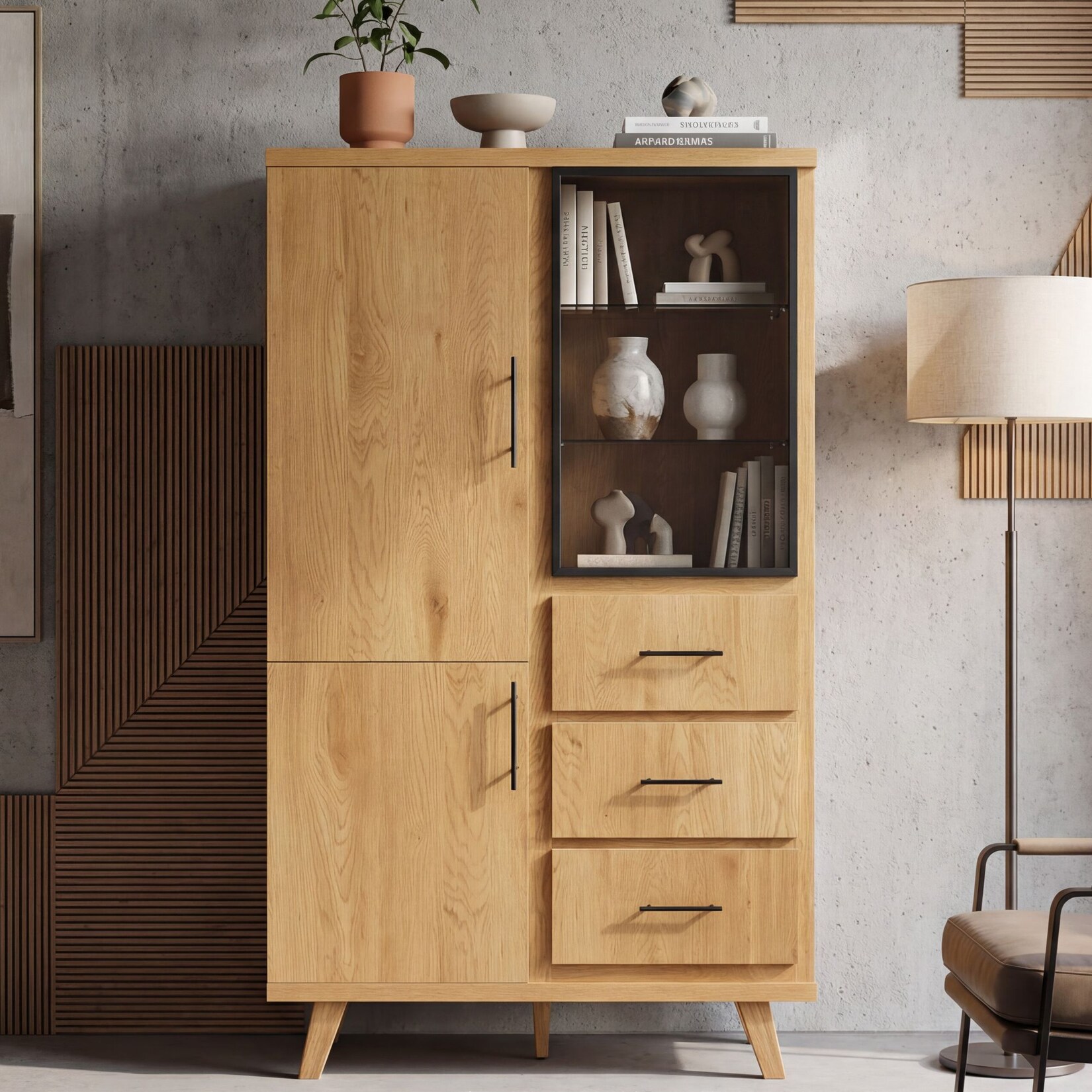 Hochschrank 188cm Eiche Dekor Standschrank mit Türen Schubladen Mehrzweckschrank