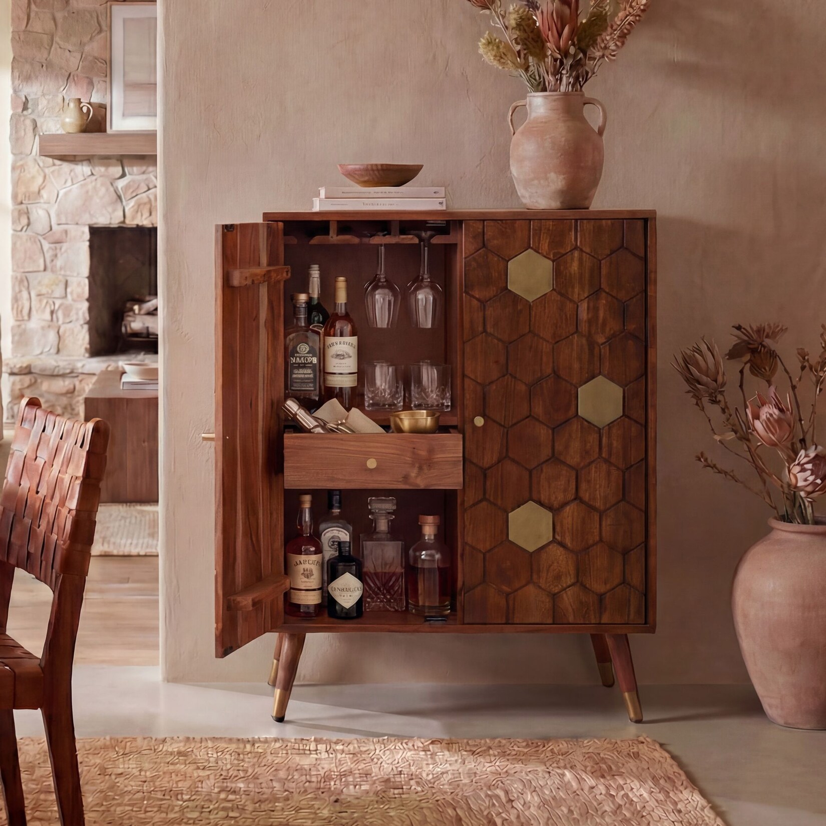 Hausbar Massivholz 75cm Barschrank Weinschrank Waben Muster Bar Möbel Handmade