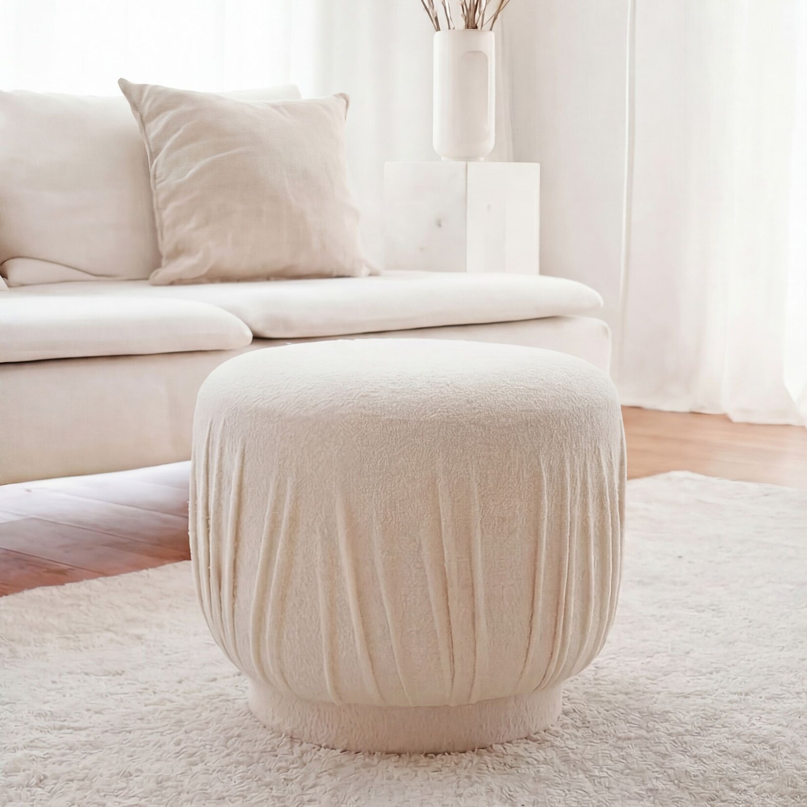 Sitzhocker Stoff 50cm Creme Stoffhocker Rund Polsterhocker Beistellhocker Klein