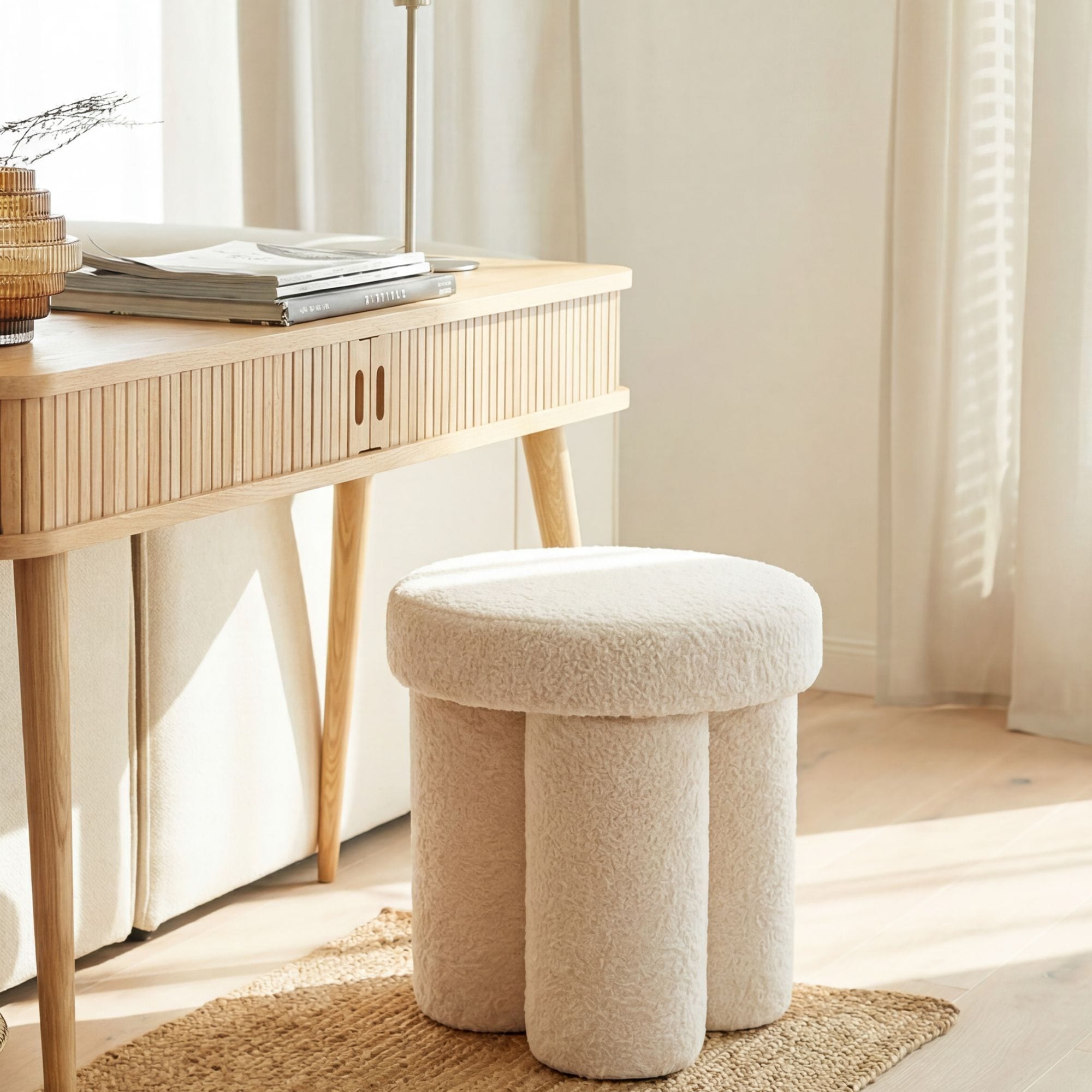 Sitzhocker Teddy Stoff 40cm Creme Stoffhocker Rund Polsterhocker Beistellhocker - Bild 1
