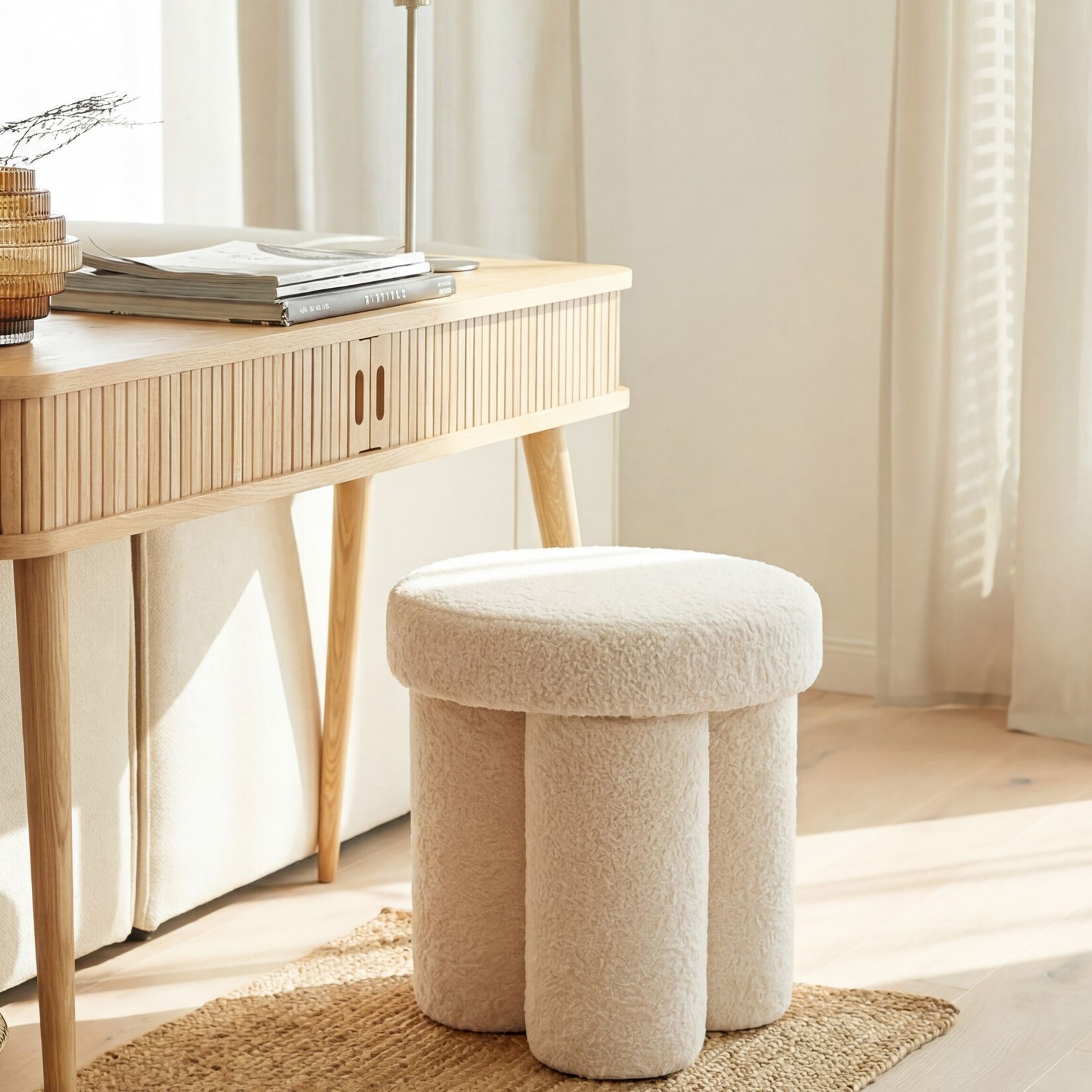 Sitzhocker Teddy Stoff 40cm Creme Stoffhocker Rund Polsterhocker Beistellhocker