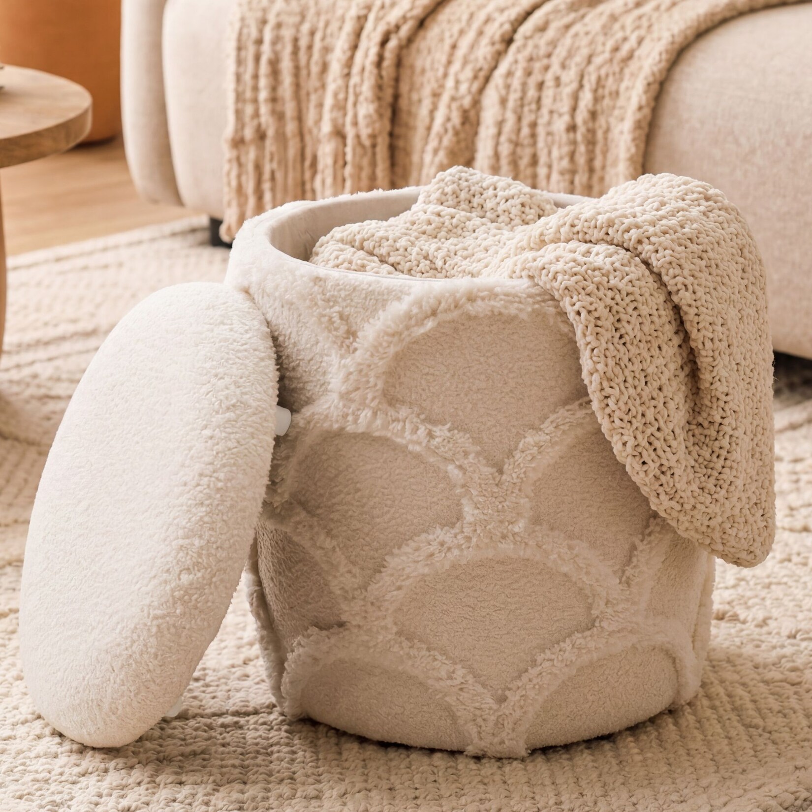Sitzhocker mit Stauraum Teddy Stoff 40cm Creme Stoffhocker Rund Polsterhocker