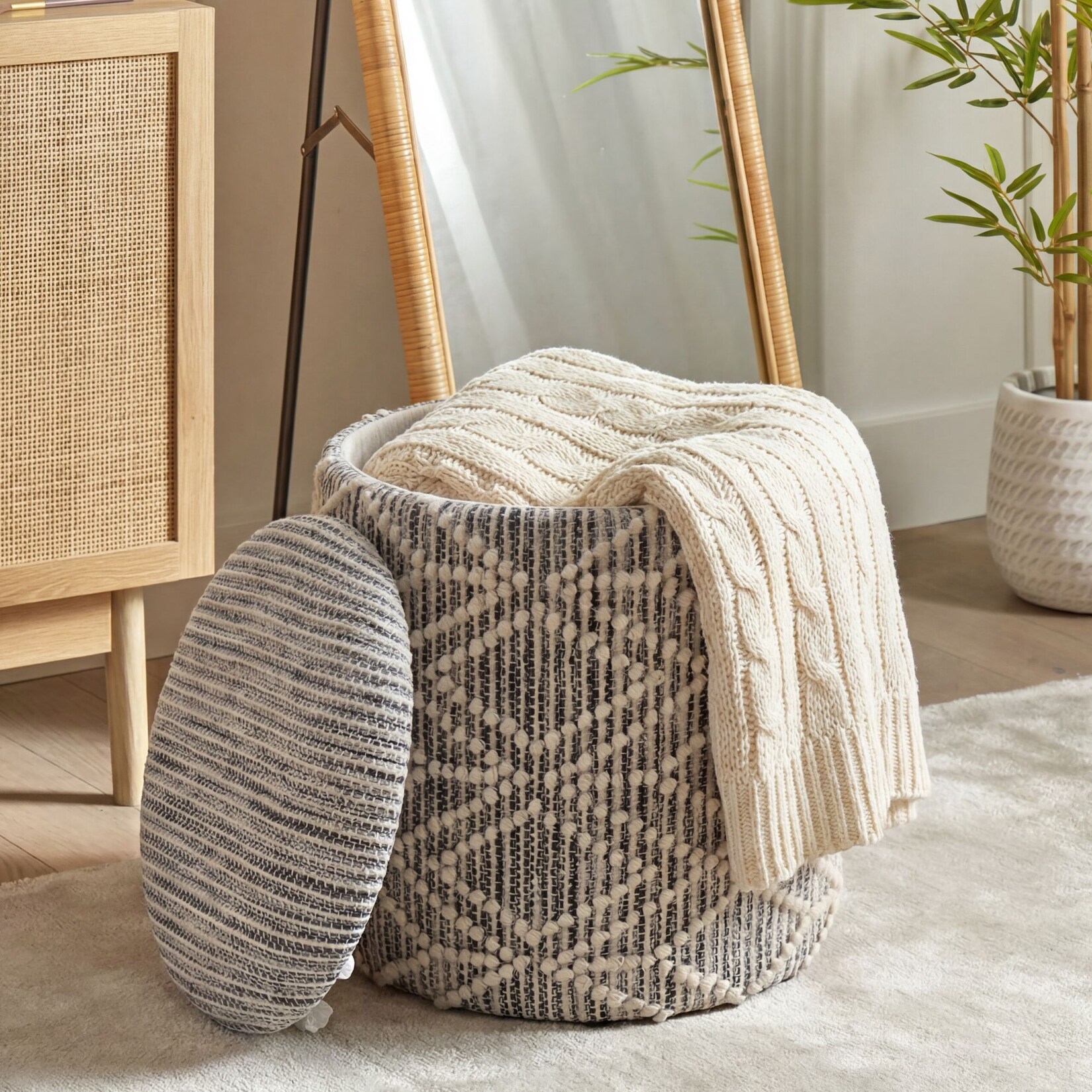 Sitzhocker mit Stauraum Stoff 40cm Grau Stoffhocker Rund Polsterhocker Hocker
