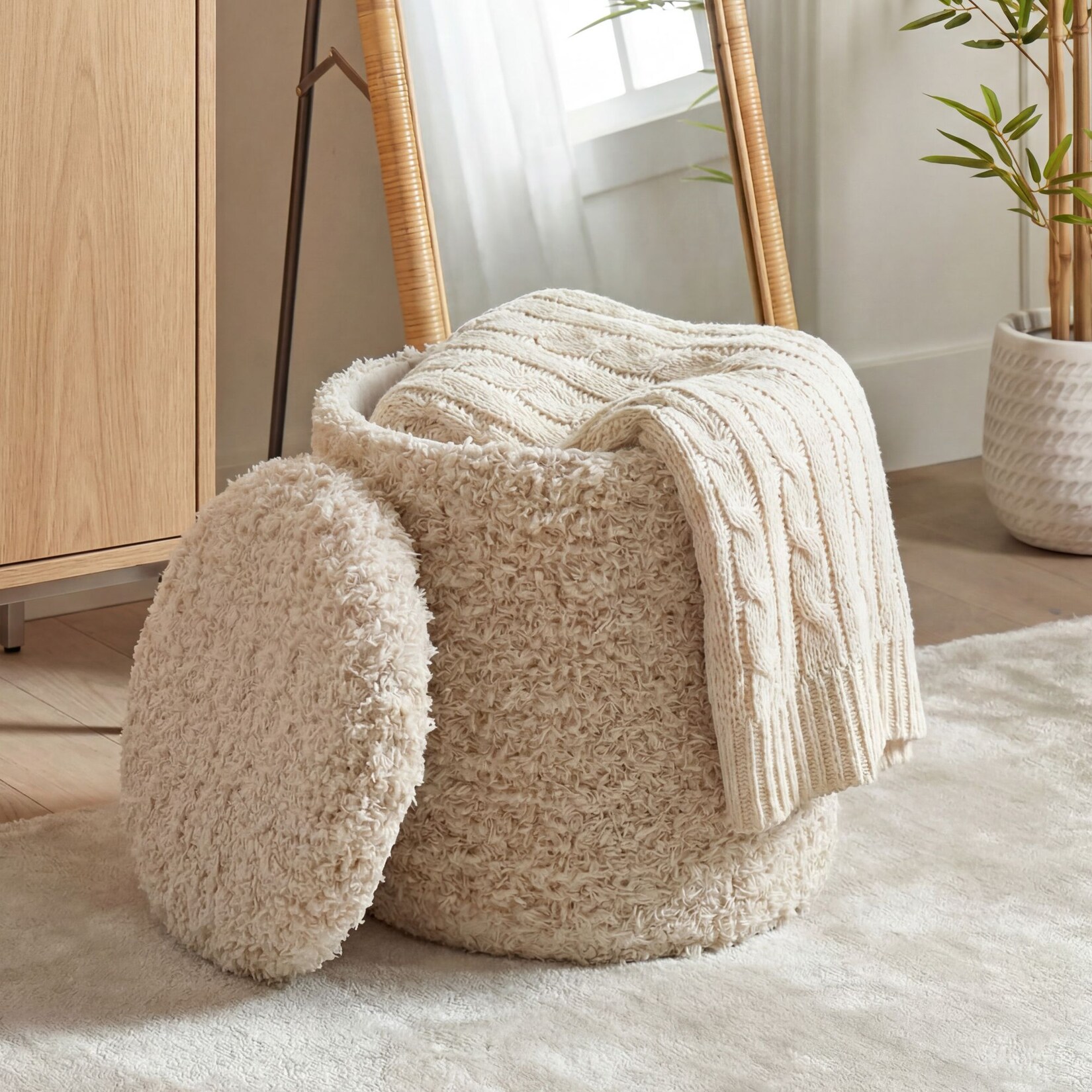 Sitzhocker mit Stauraum Wolle 40cm Beige Stoffhocker Rund Polsterhocker Stoff