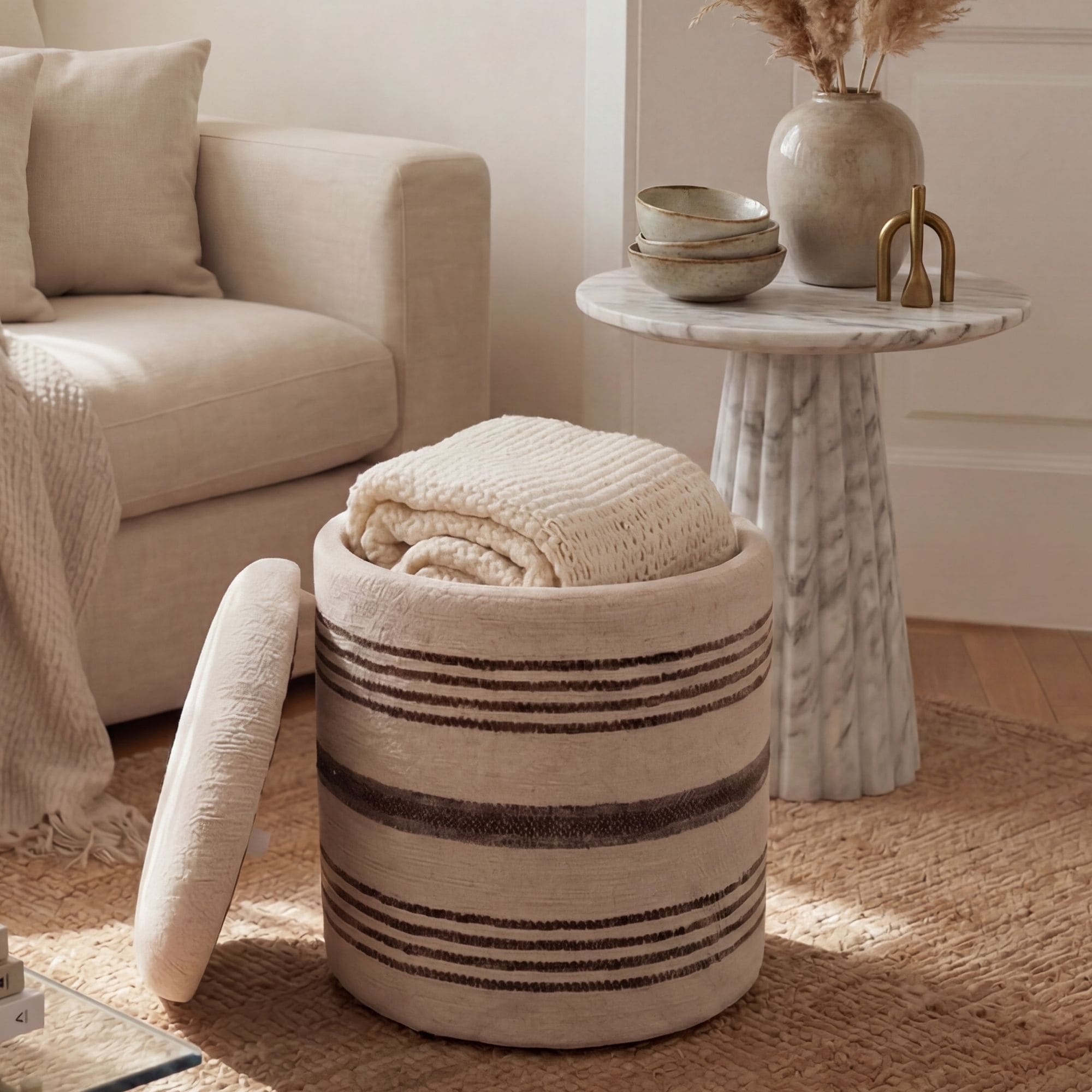 Sitzhocker mit Stauraum Wolle 40cm Beige Stoffhocker Rund Polsterhocker Stoff - Bild 1