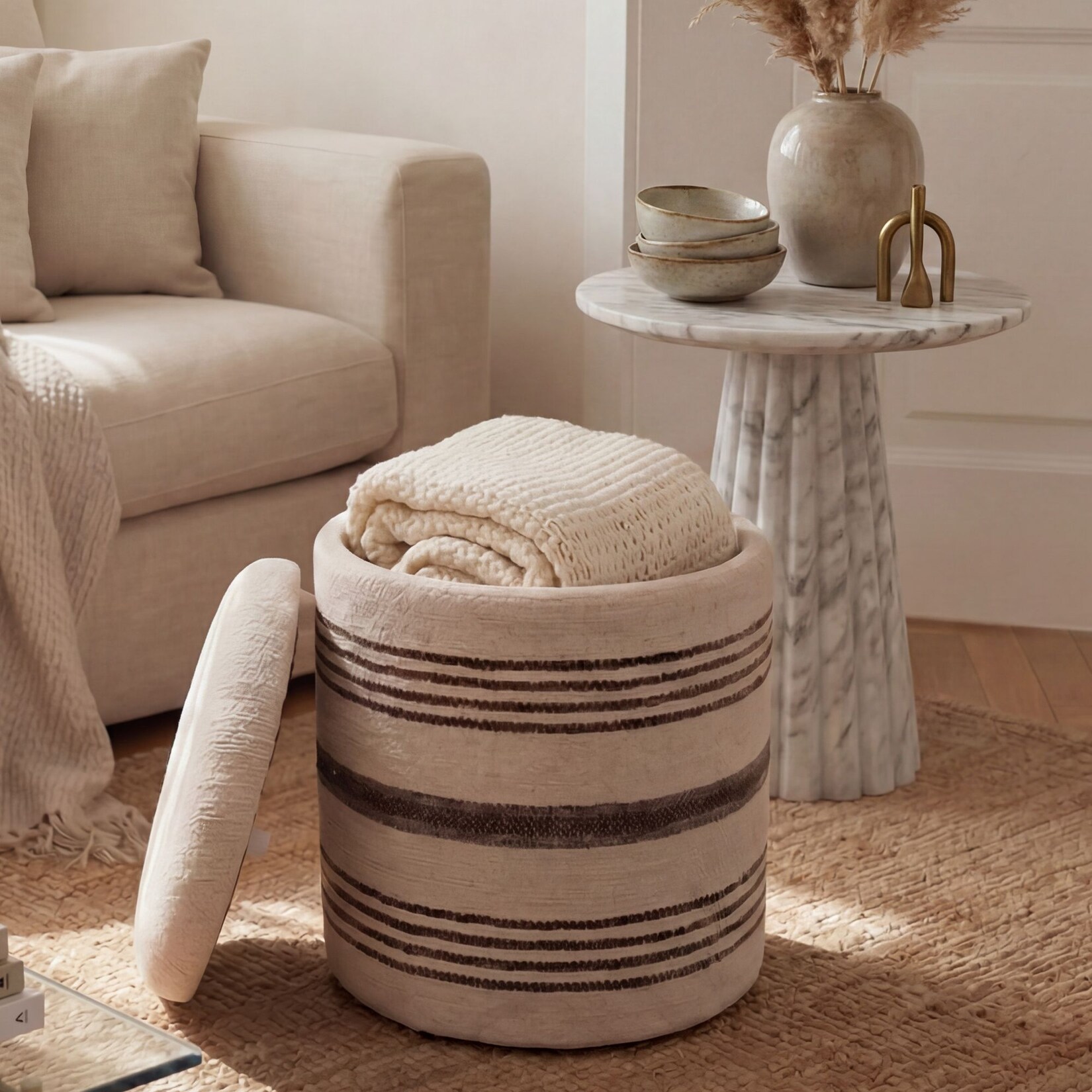 Sitzhocker mit Stauraum Wolle 40cm Beige Stoffhocker Rund Polsterhocker Stoff