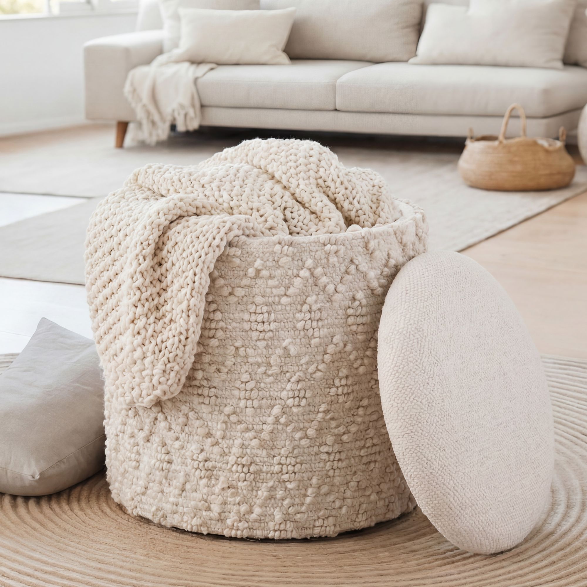 Sitzhocker mit Stauraum Wolle 40cm Creme Stoffhocker Rund Polsterhocker Stoff - Bild 1