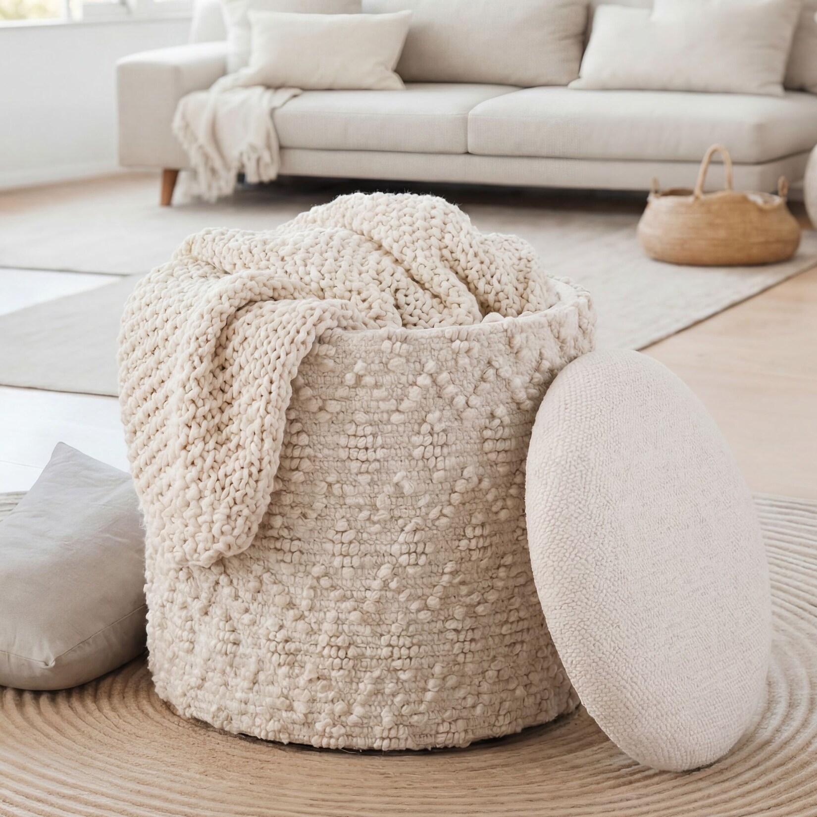 Sitzhocker mit Stauraum Wolle 40cm Creme Stoffhocker Rund Polsterhocker Stoff