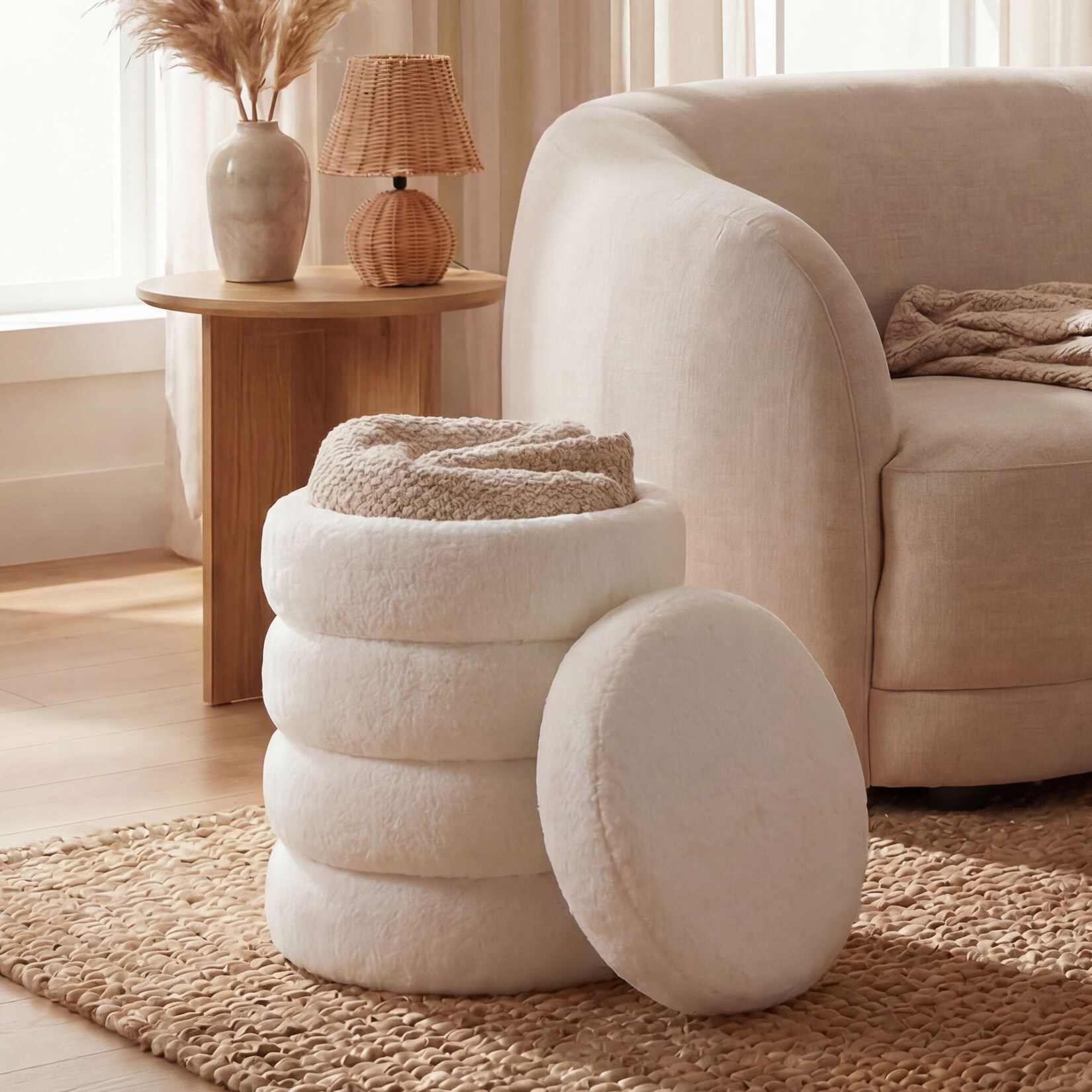 Sitzhocker mit Stauraum Teddy Stoff 40cm Creme Stoffhocker Rund Polsterhocker