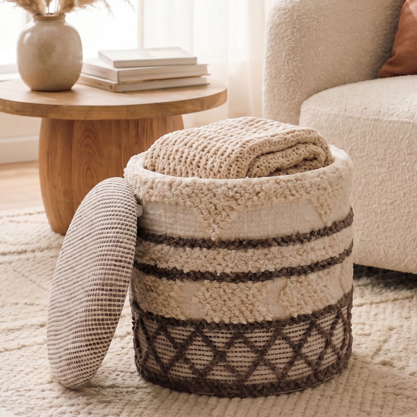 Sitzhocker mit Stauraum Wolle 40cm Beige Stoffhocker Rund Polsterhocker Stoff