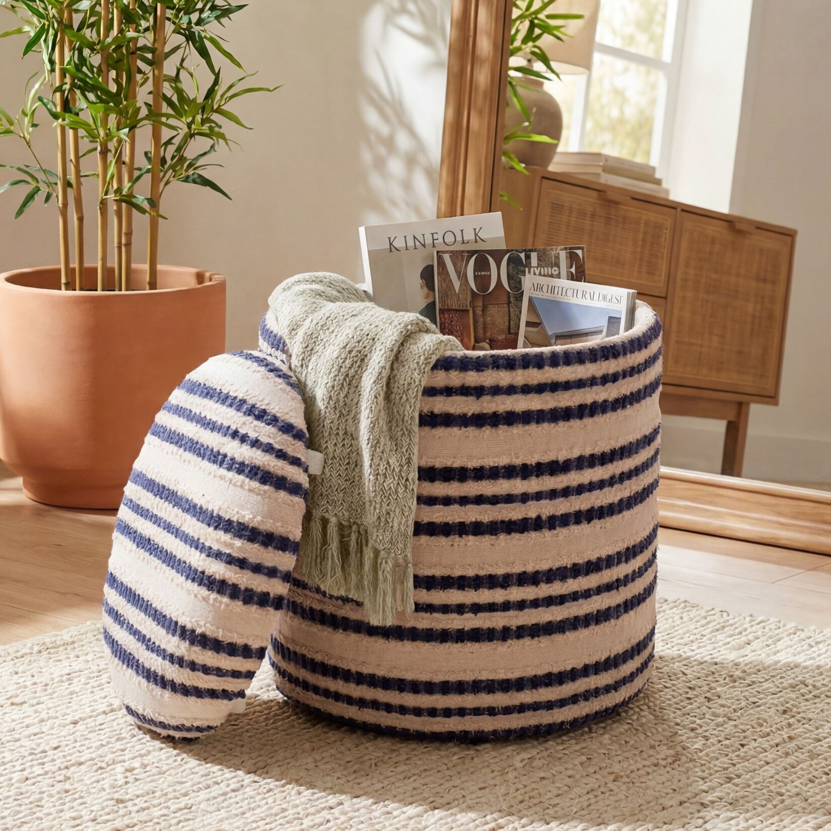 Sitzhocker Stauraum Baumwolle 40cm Beige Stoffhocker Rund Polsterhocker Stoff