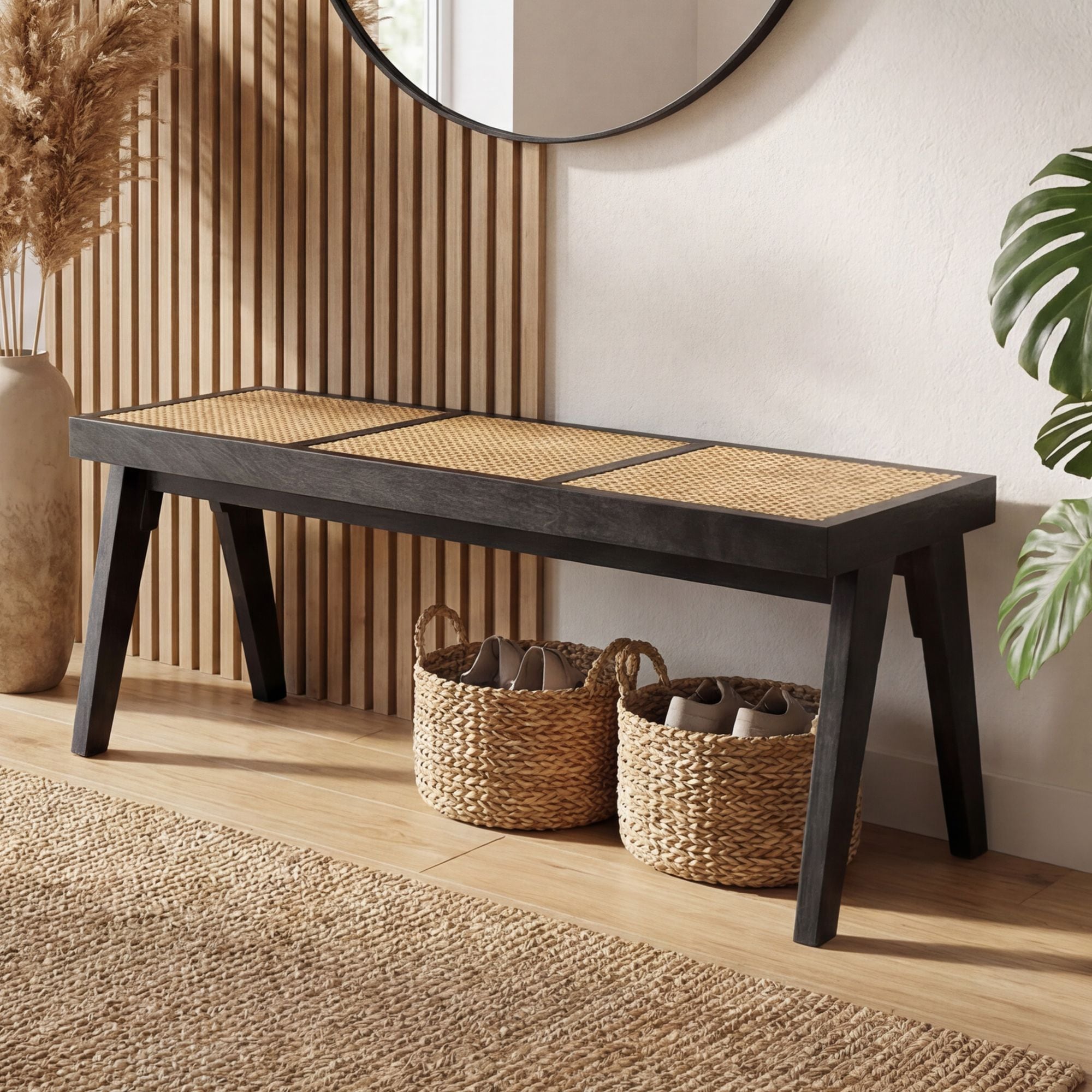 Sitzbank Rattan Massivholz 120cm Bettbank Holzbank Flurbank Design Bank Handmade - Bild 1