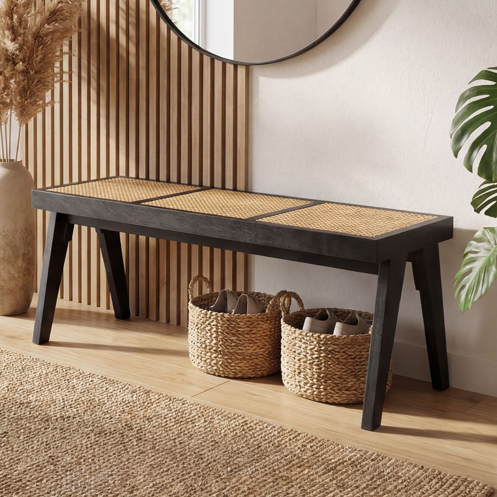 Sitzbank Rattan Massivholz 120cm Bettbank Holzbank Flurbank Design Bank Handmade