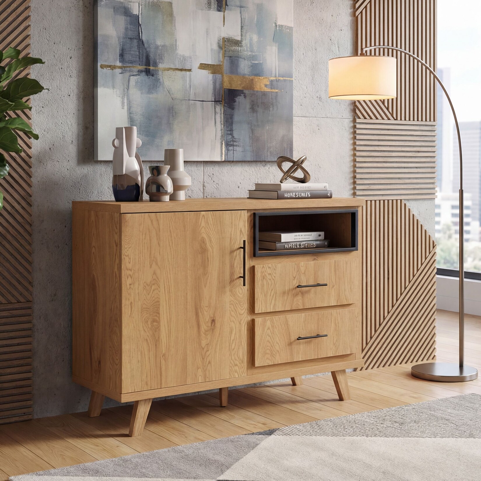 Sideboard Eiche Dekor 116cm Kommode Anrichte Standschrank mit Tür 2 Schubladen