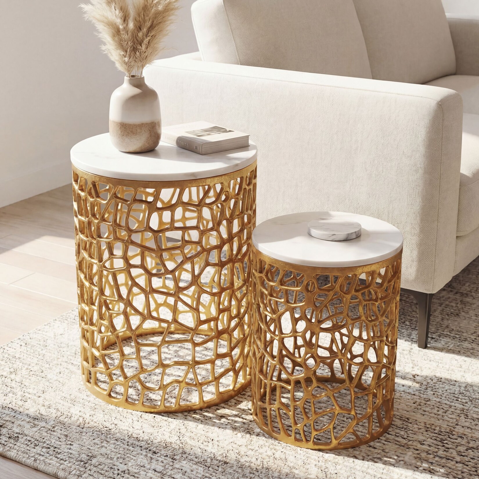 2er Set Couchtisch gold Marmor rund Wohnzimmertisch Beistelltisch Satztisch Alu