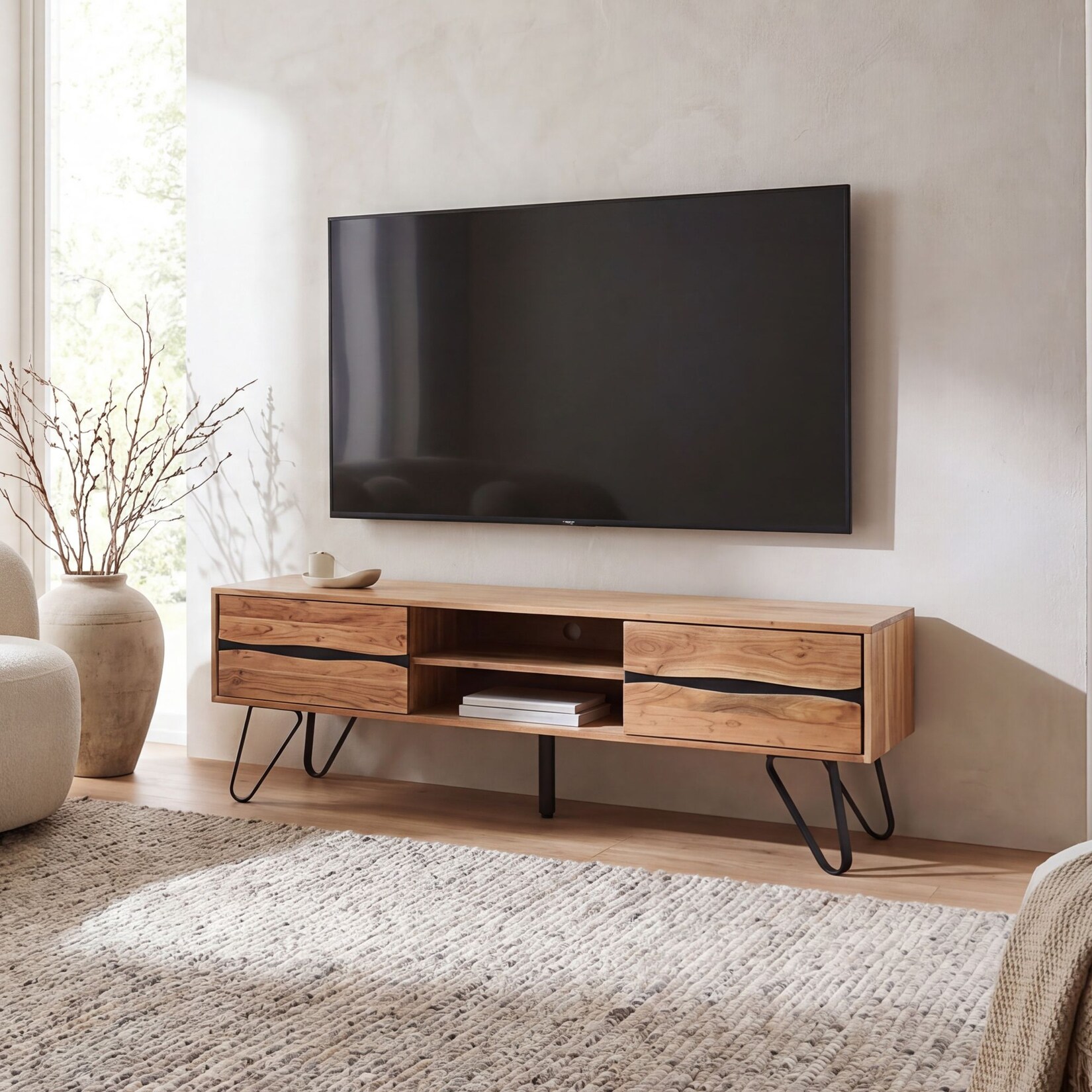 TV Board Lowboard Fernsehschrank Akazie Massivholz 160cm Fernsehtisch mit Türen